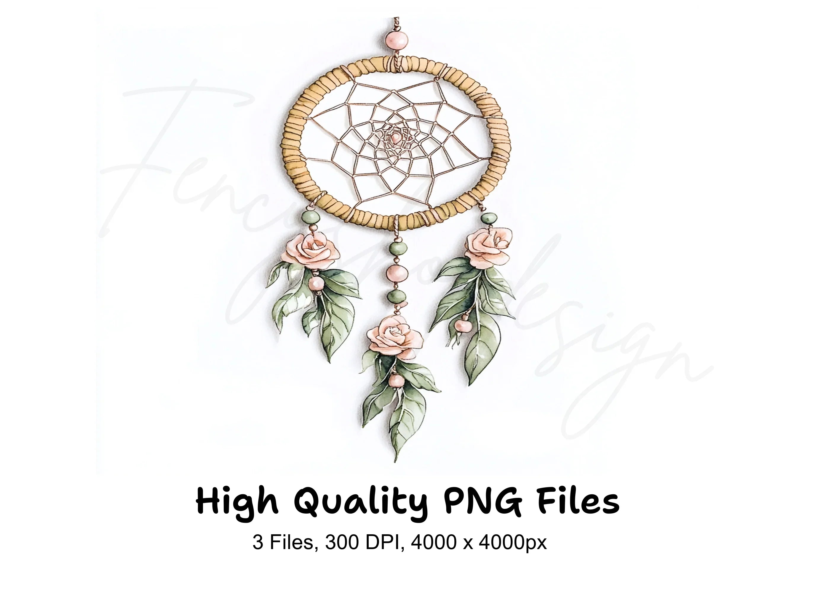Boho Dreamcatcher with Pink Roses Clipart Bundle
