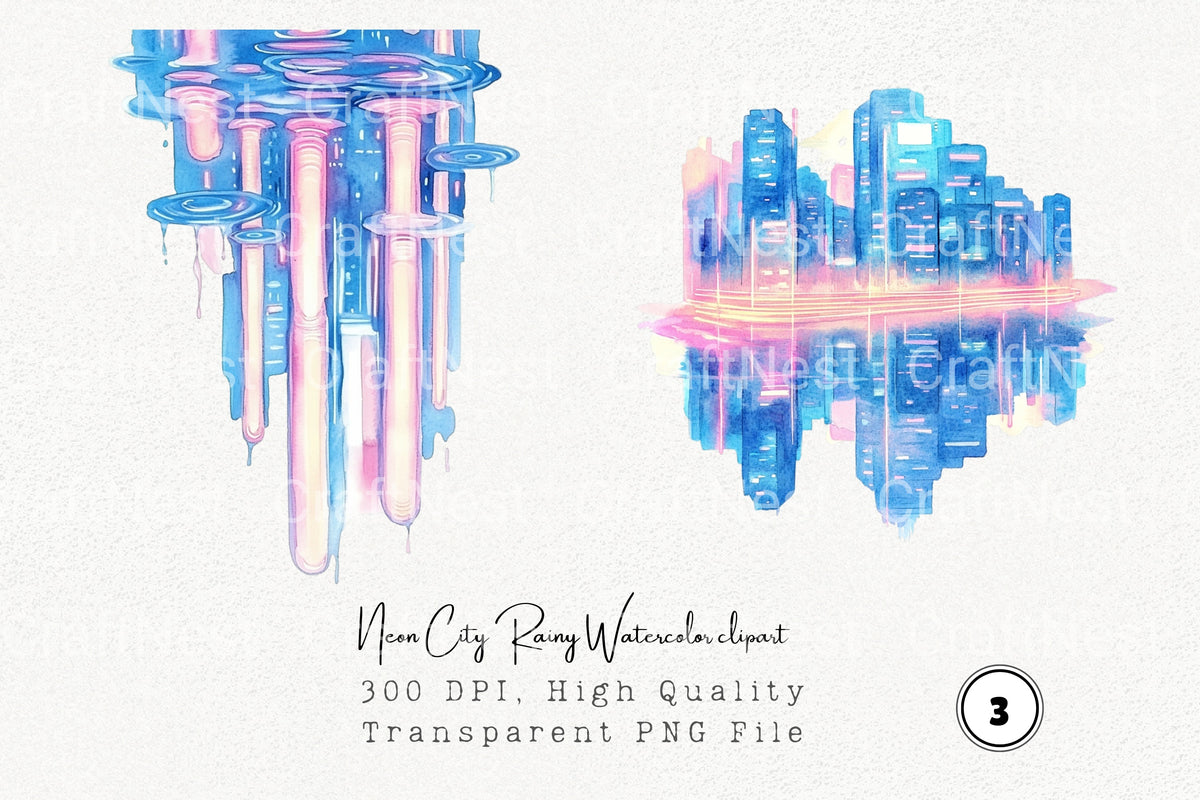 Neon City Rainy Clipart Bundle