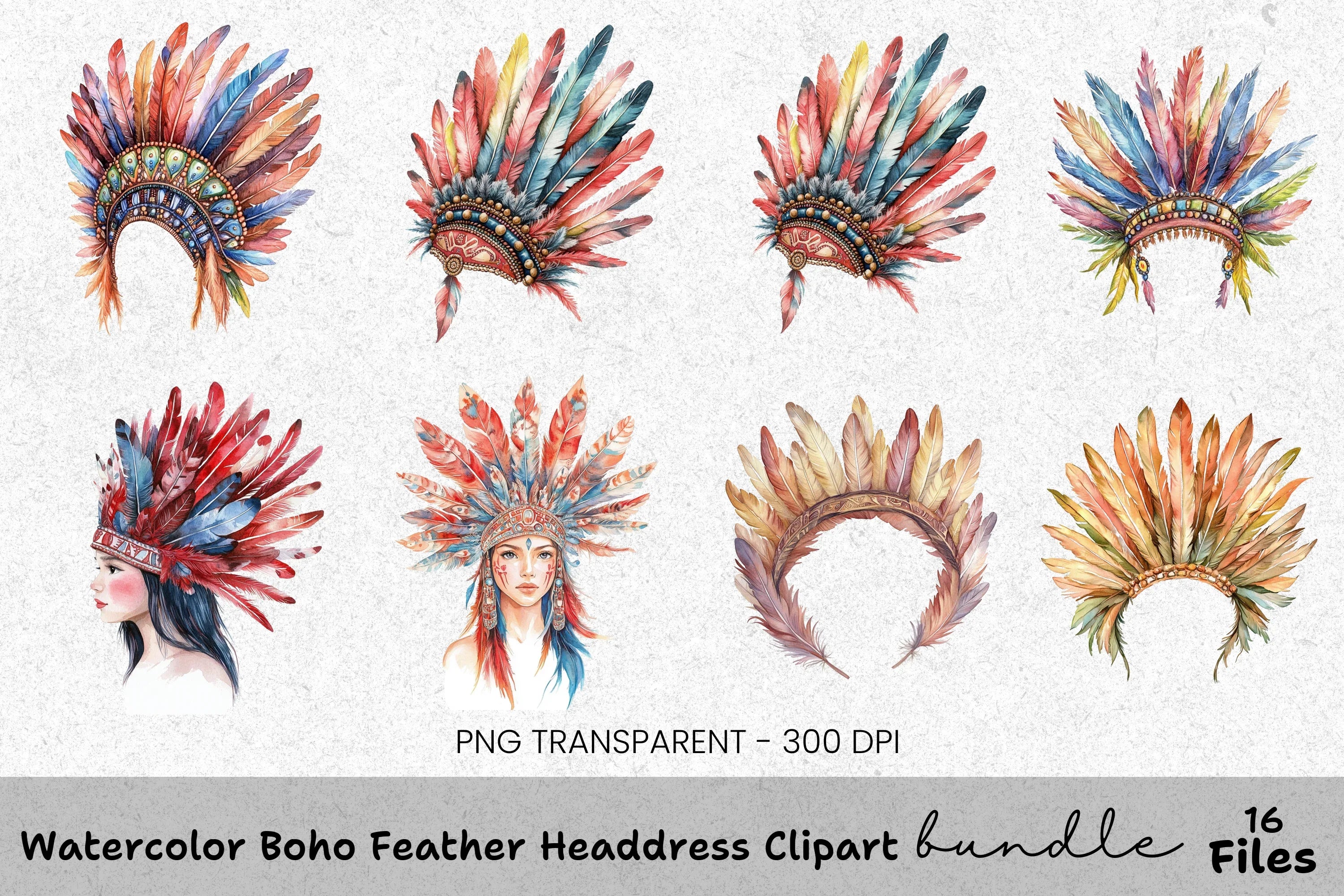 Boho Feather Headdress Clipart Bundle