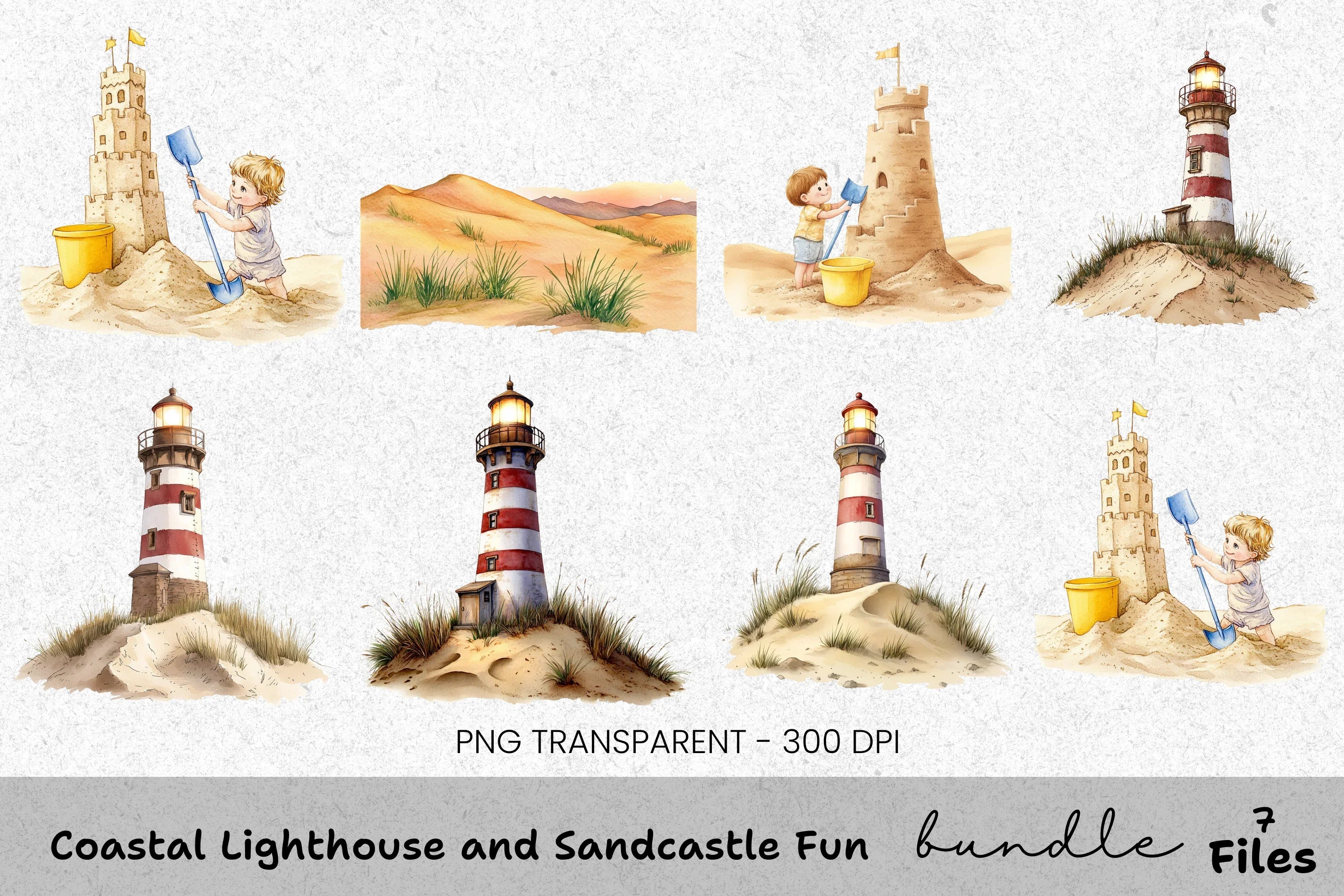 Coastal Lighthouse and Sandcastle Fun Clipart Bundle