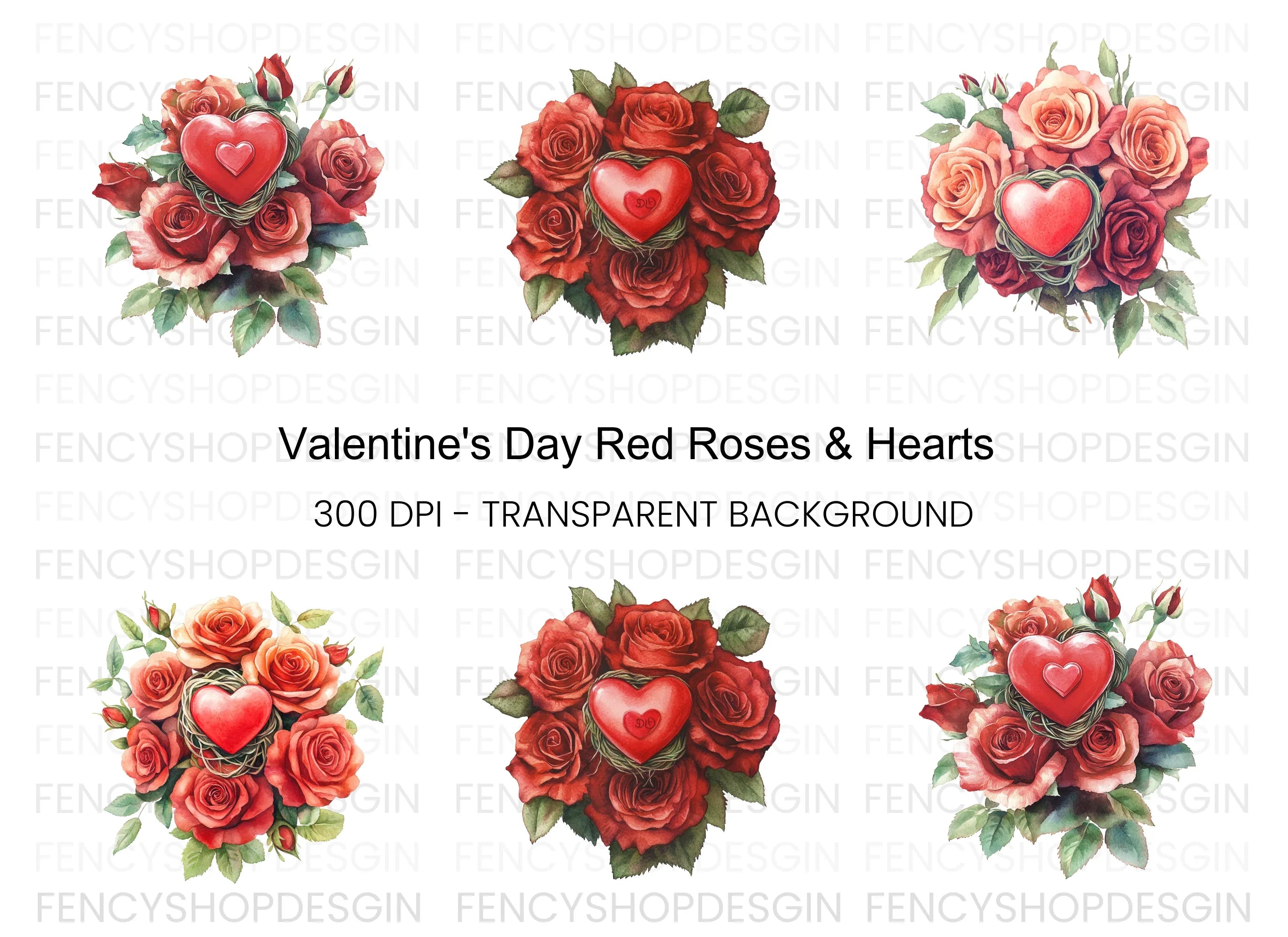Romantic Rose Bouquets with Heart Clipart Bundle