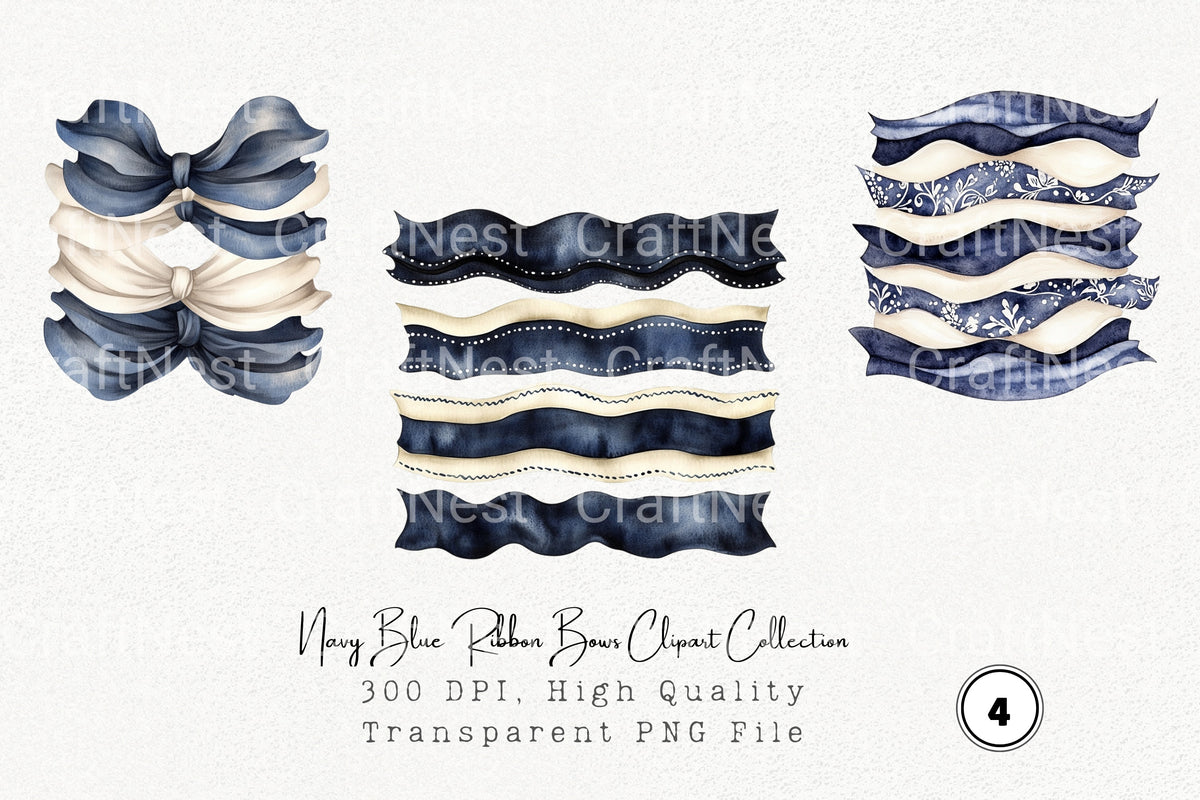 Navy Blue Ribbon Bows Clipart Bundle