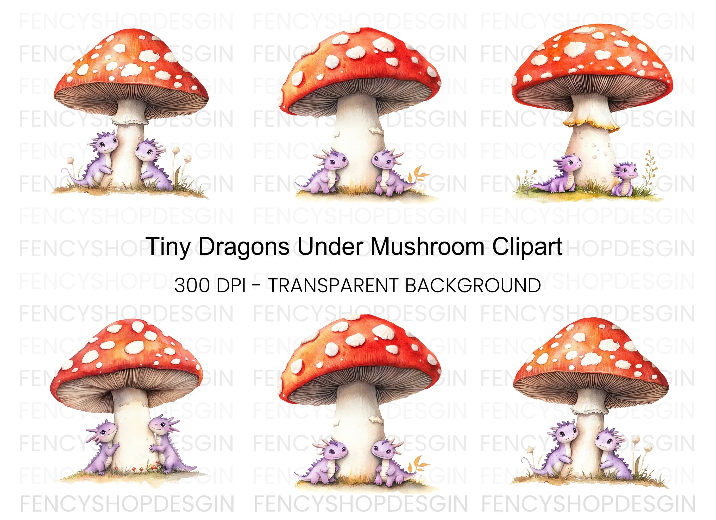 Tiny Dragons Under Mushroom Clipart Bundle