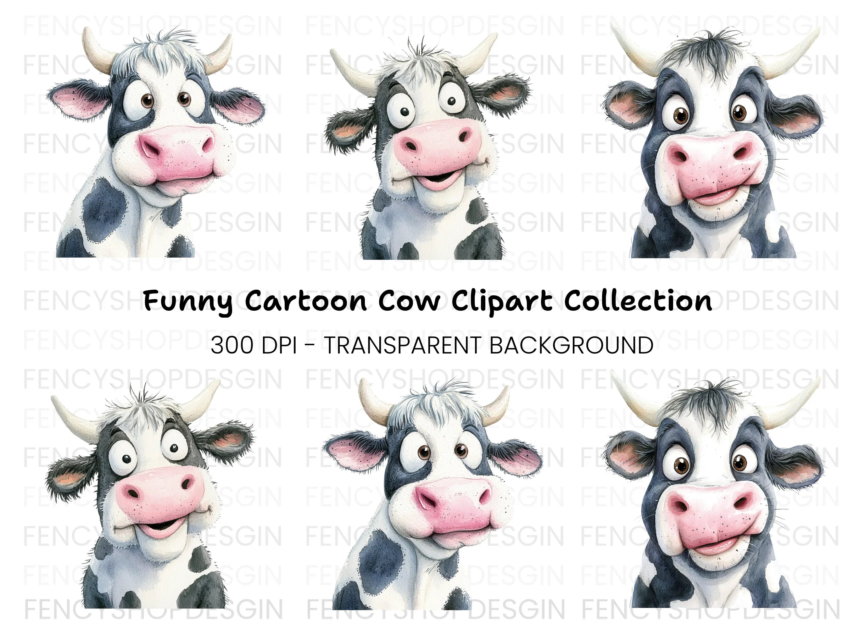 Funny Cartoon Cow Faces Clipart Bundle