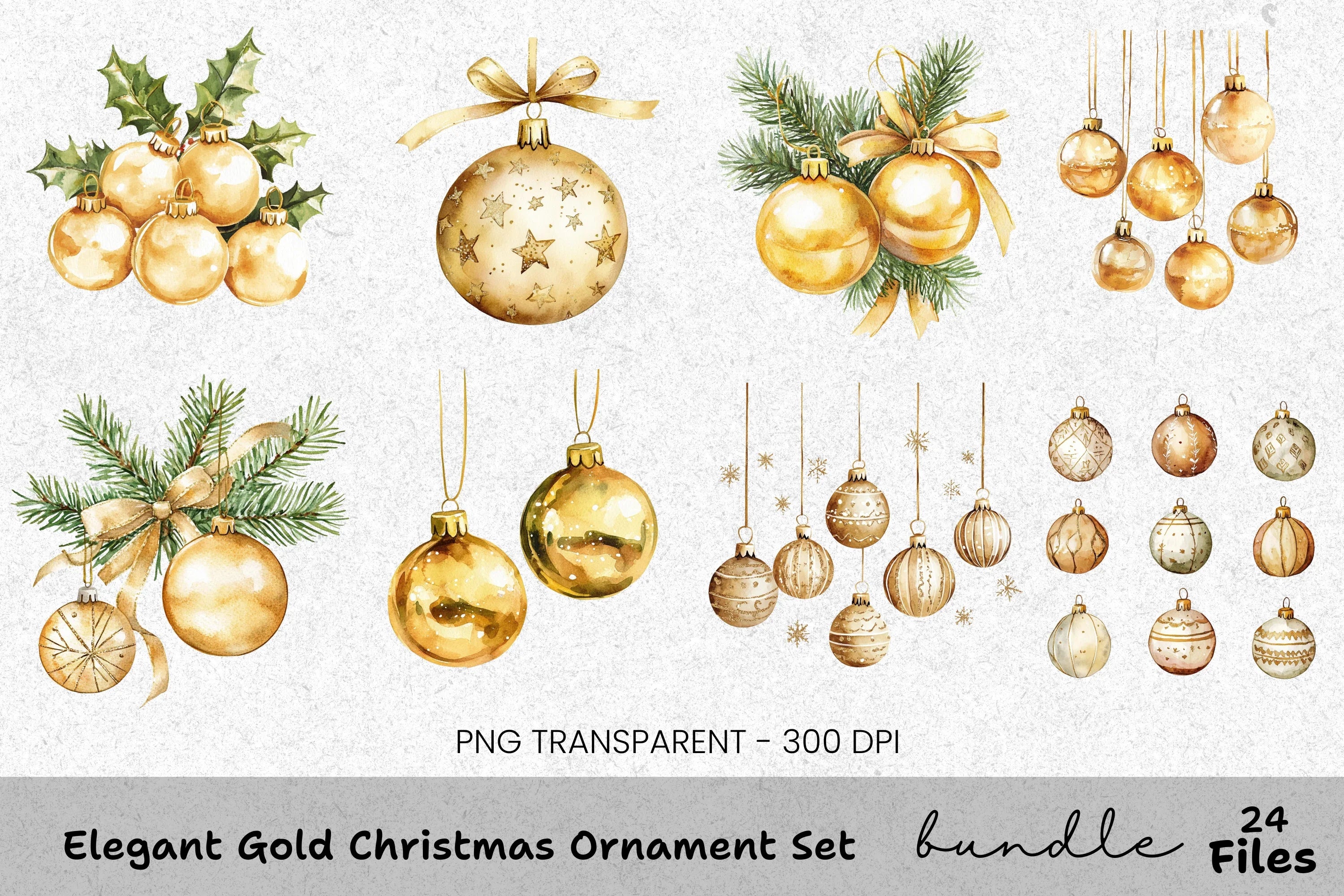 Golden Christmas Ornaments Holly Clipart Bundle