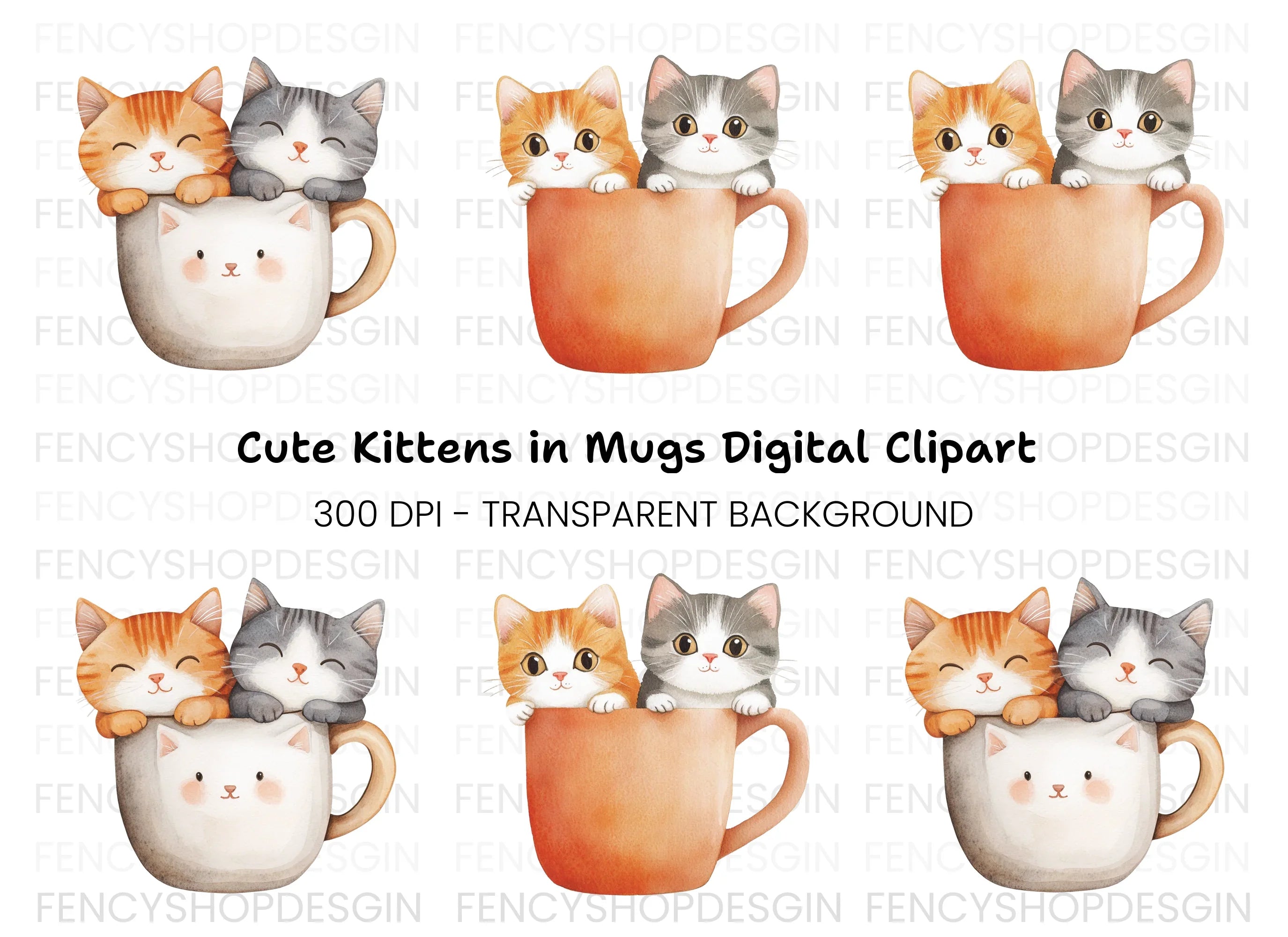 Cute Kittens in Mugs Clipart Bundle