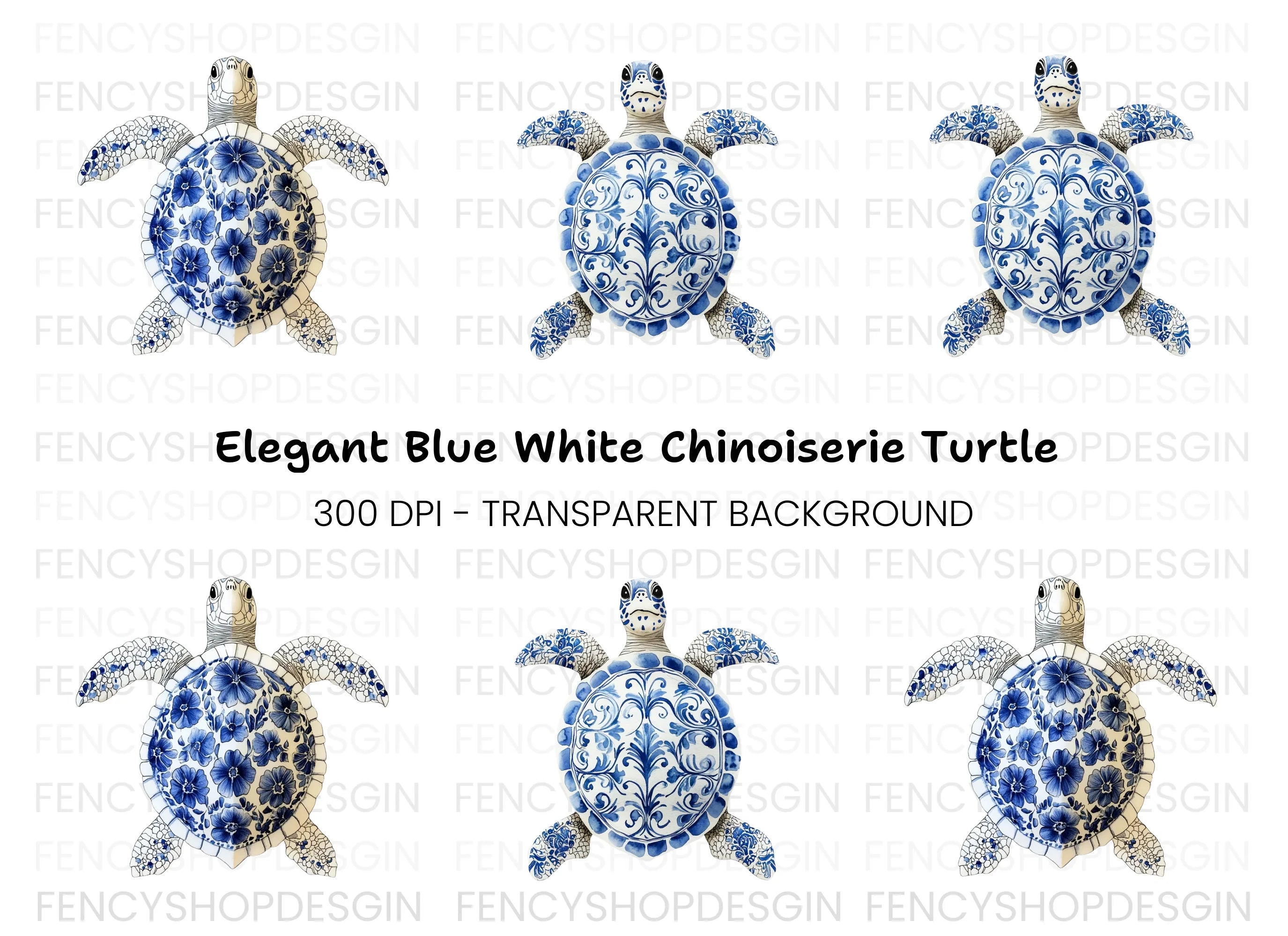Blue White Chinoiserie Sea Turtle Clipart Bundle