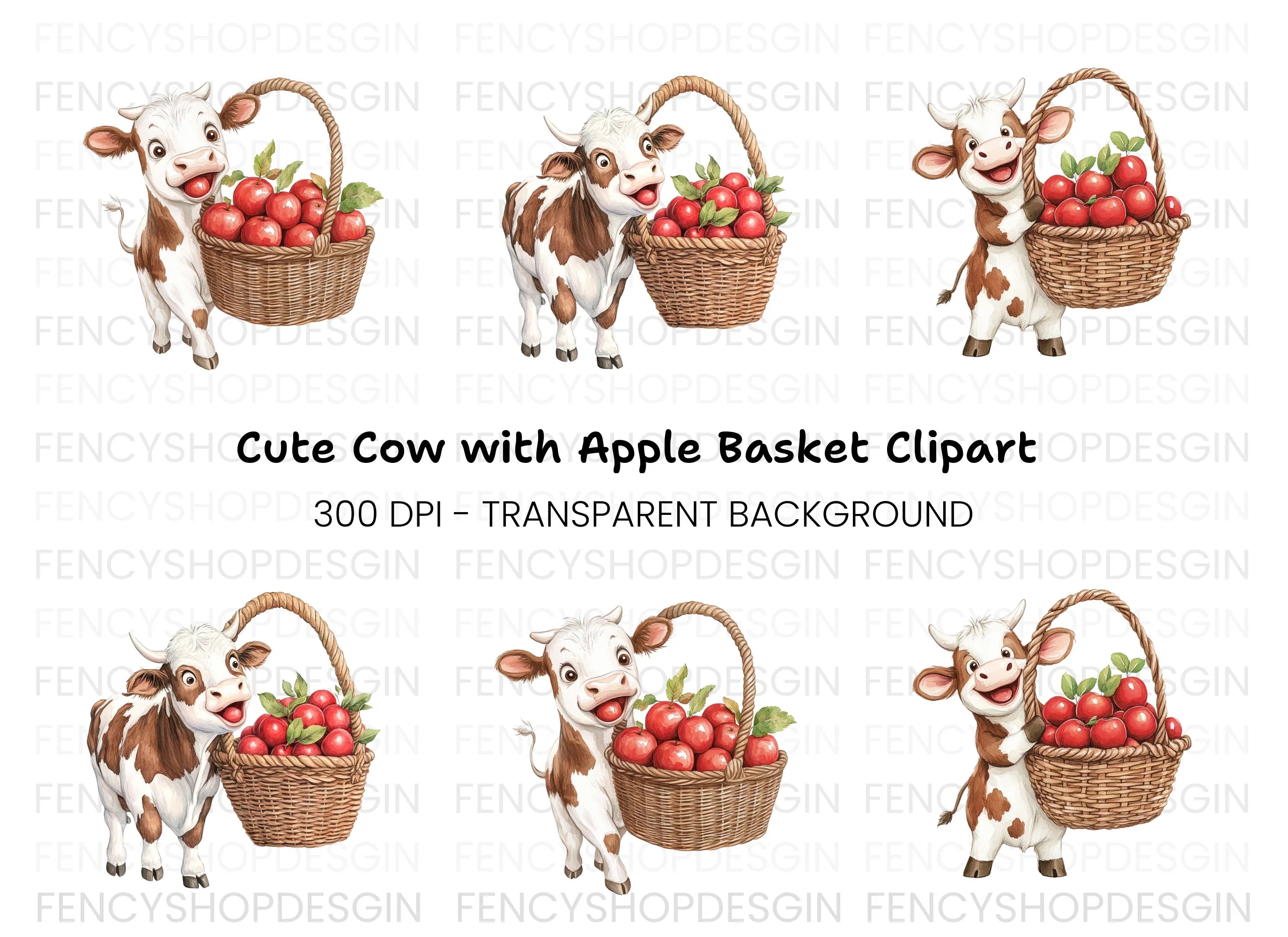 Cute Calf with Apple Basket Clipart Bundle