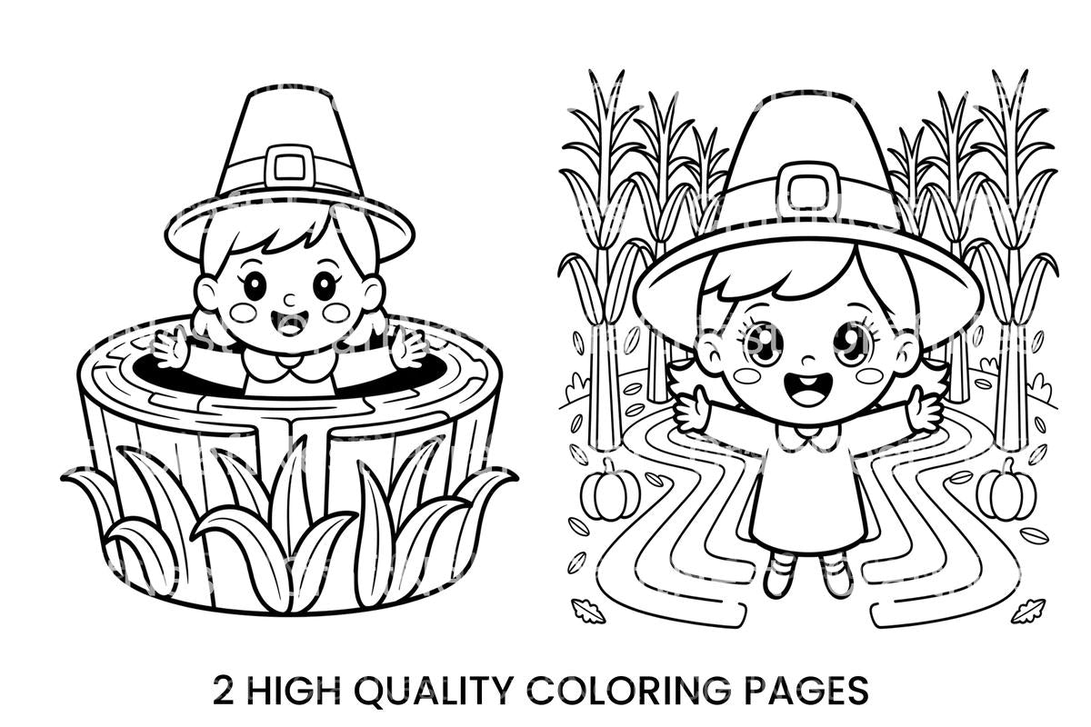 Cute Pilgrim Girl in Corn Maze Coloring Books