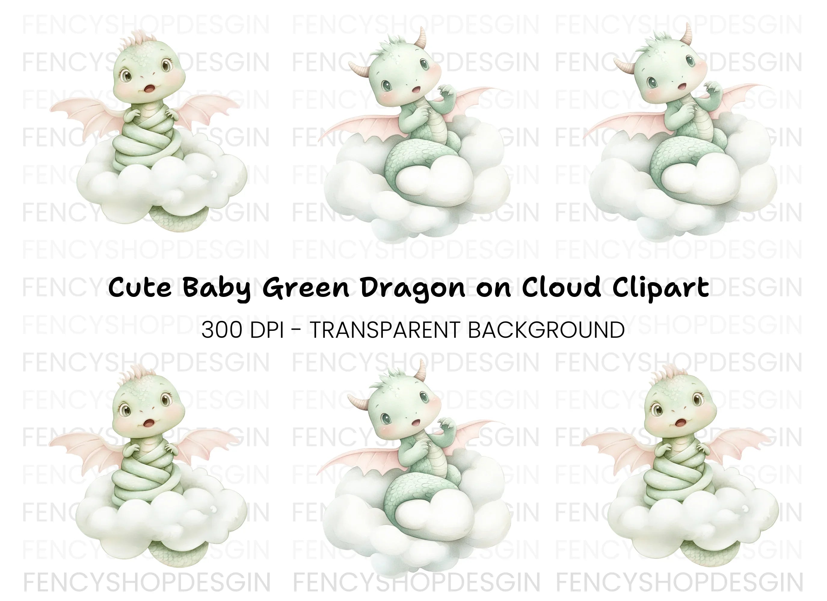 Cute Baby Dragon on Clouds Clipart Bundle