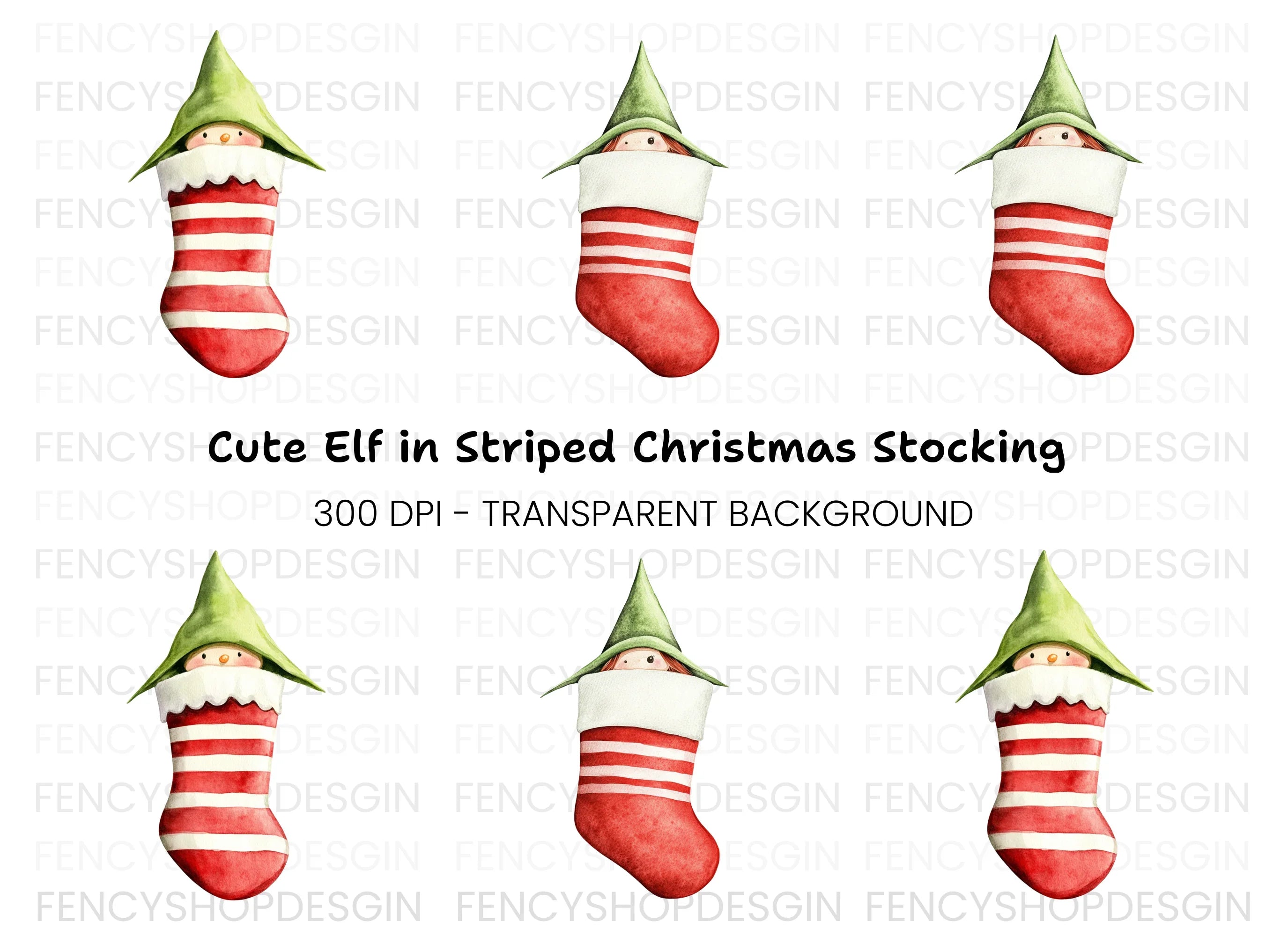 Cute Christmas Elf Peeking from Stocking Clipart Bundle