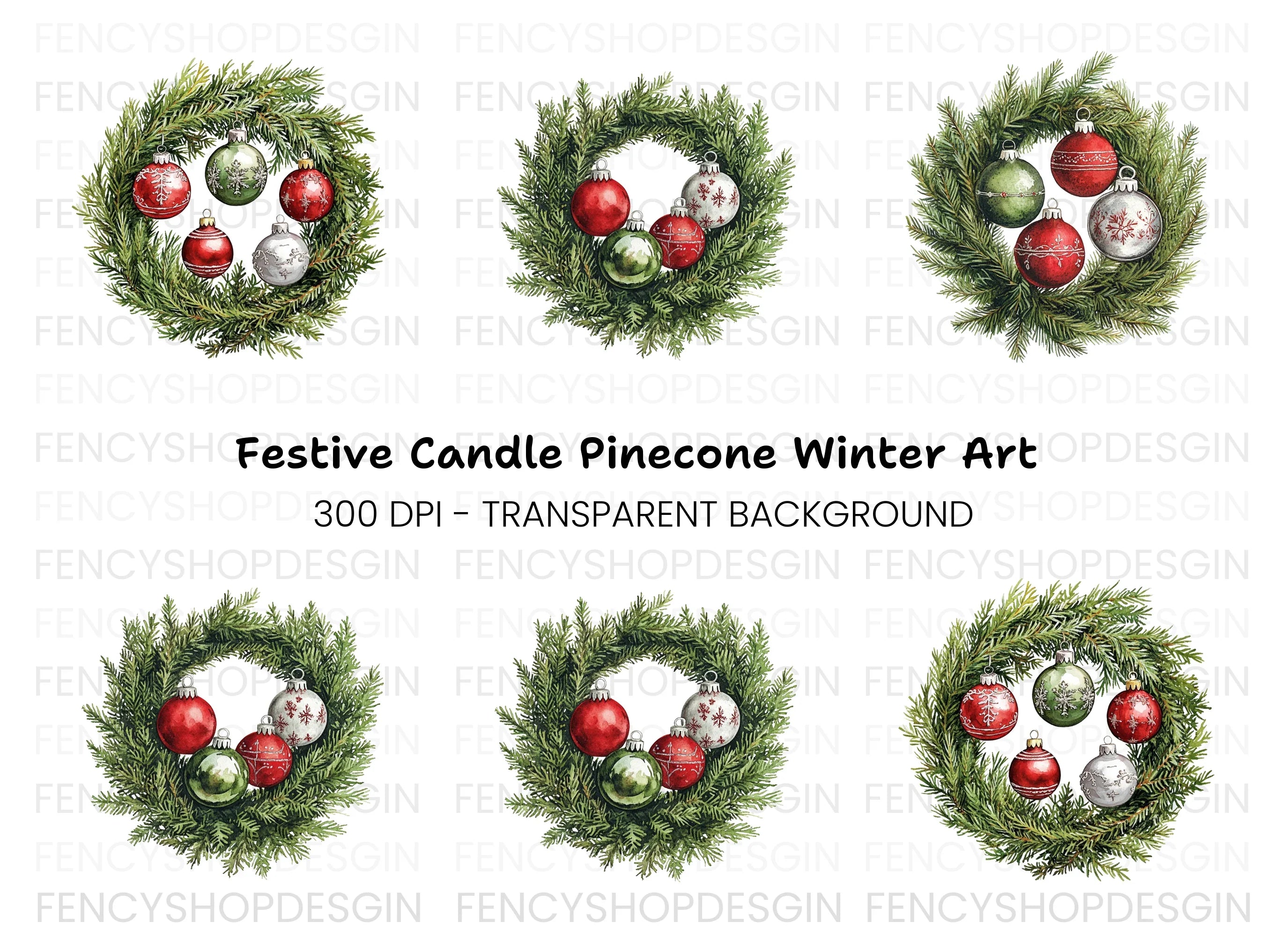 Christmas Wreaths with Ornaments Clipart Bundle