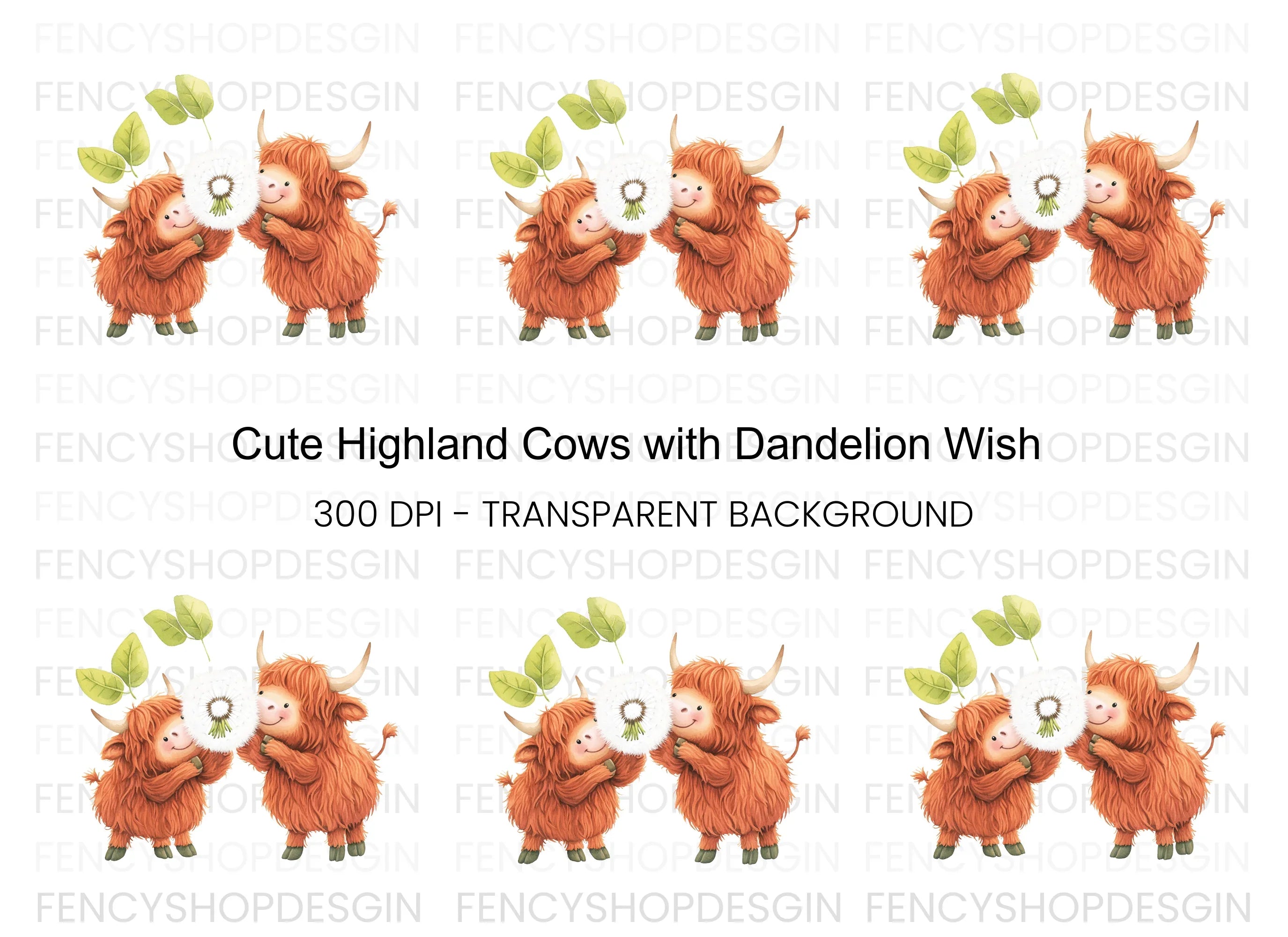 Cute Highland Cows with Dandelion Clipart Bundle