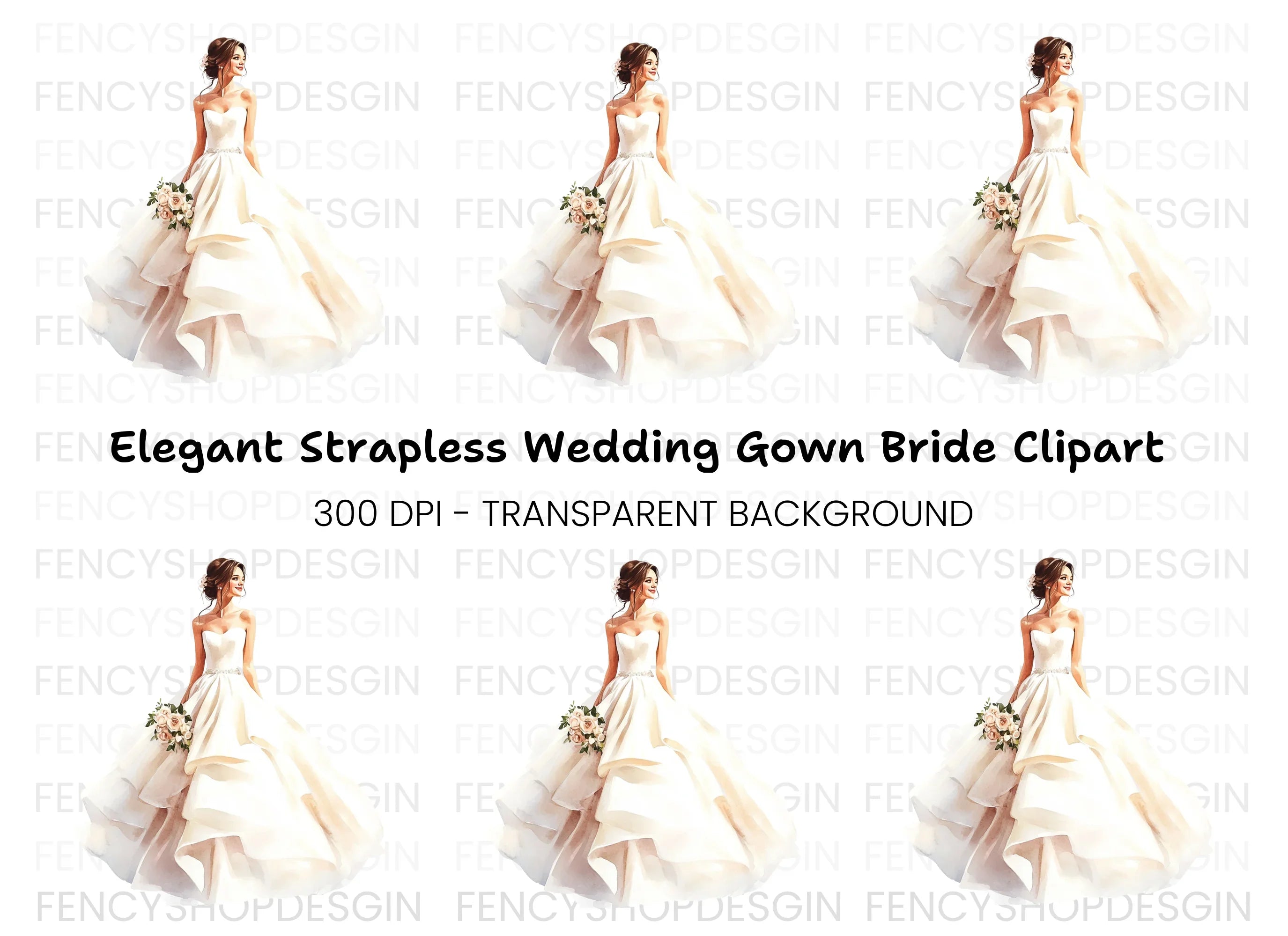 Elegant Bride in Strapless Gown Clipart Bundle