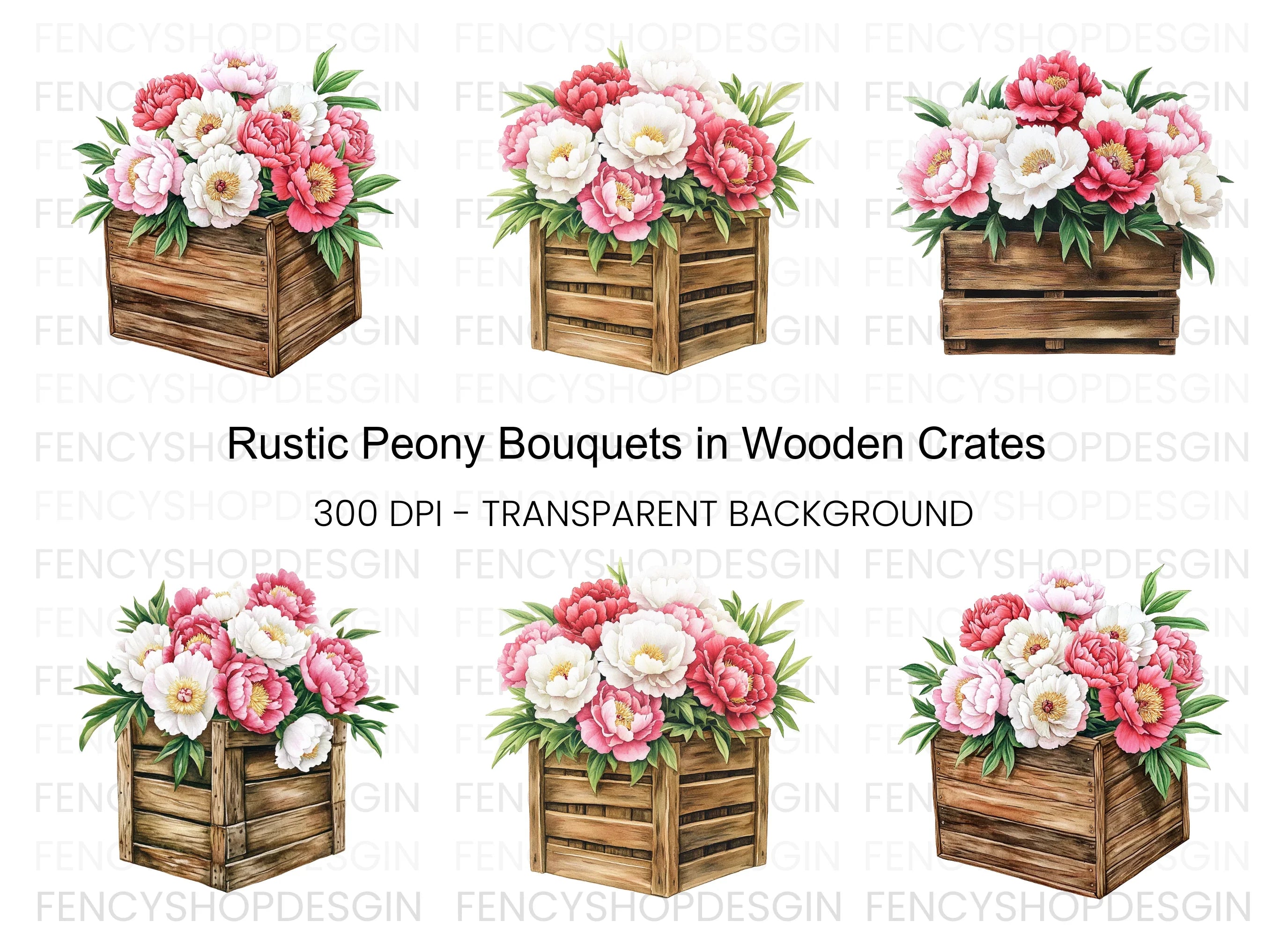 Peony Bouquets in Rustic Wooden Crates Clipart Bundle