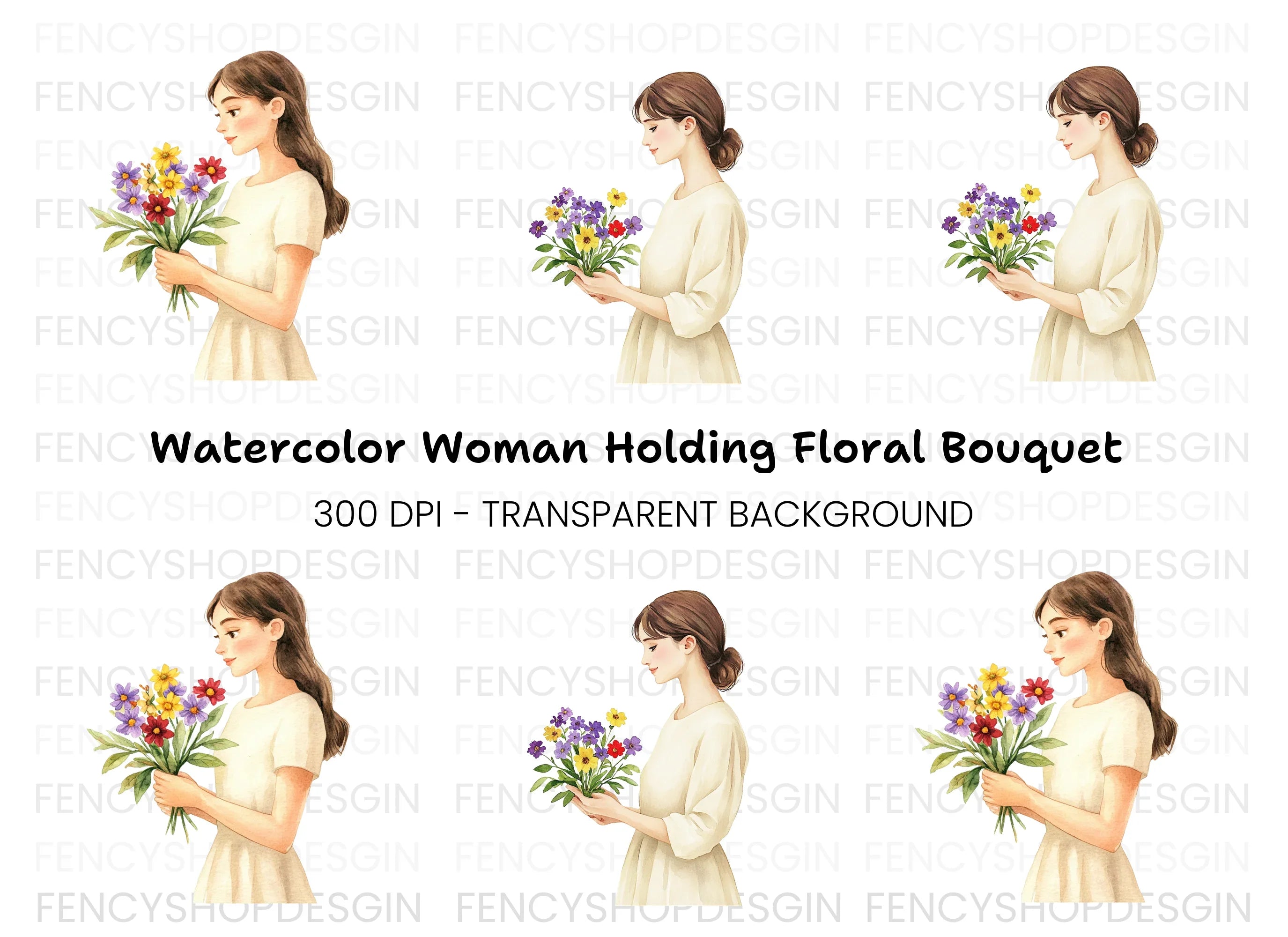 Elegant Woman with Flowers Clipart Bundle