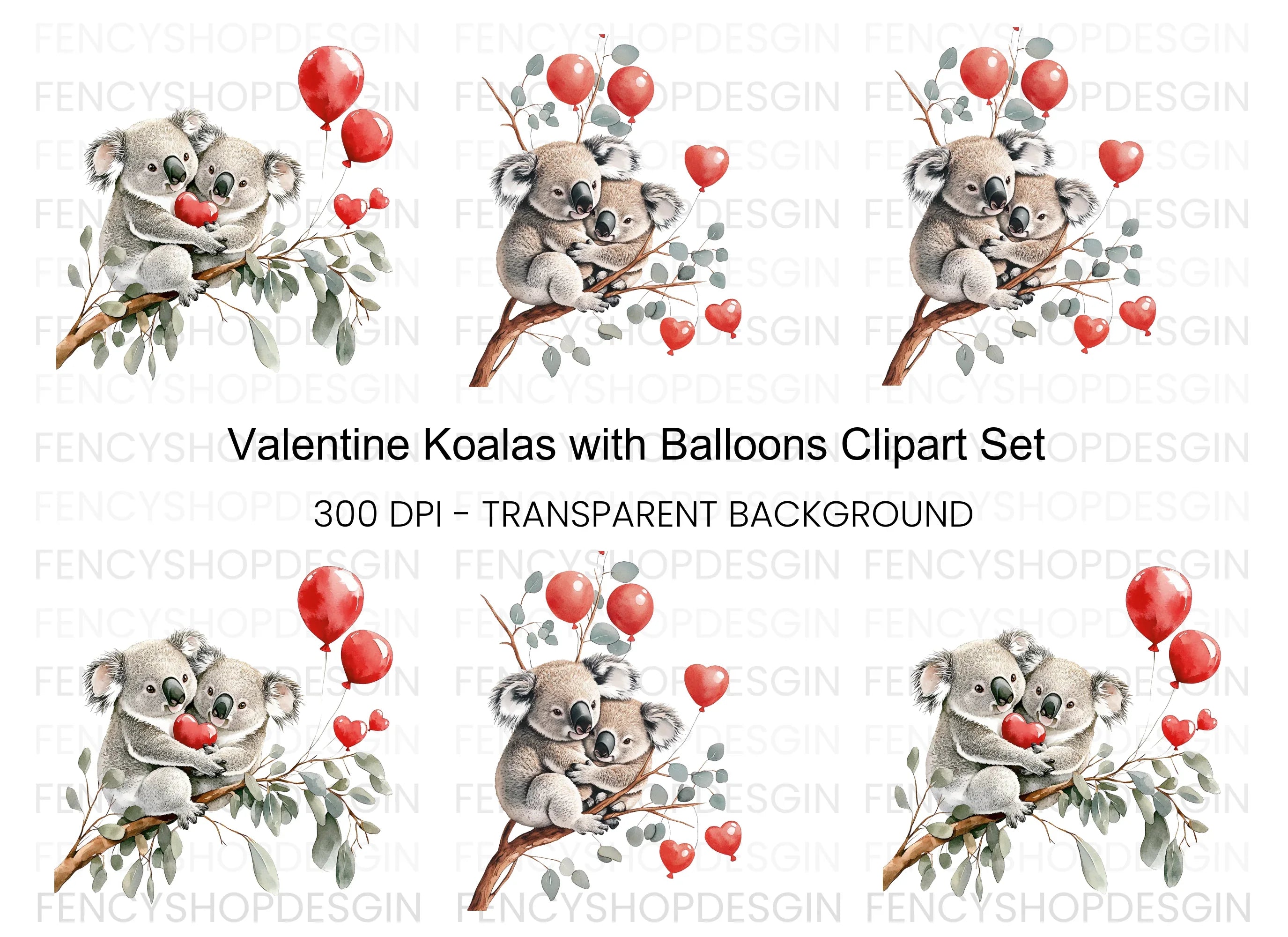 Koala Couple with Red Balloons Clipart Bundle
