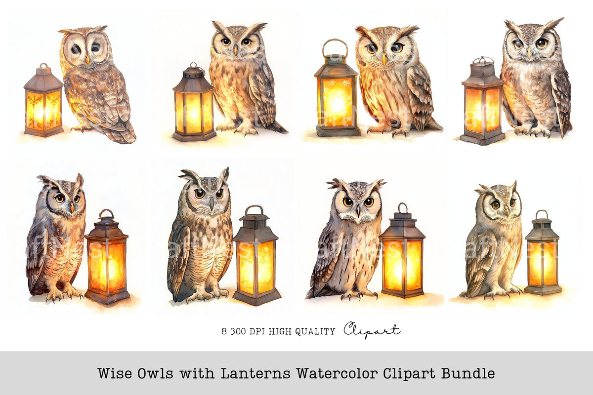 Wise Owls With Lanterns Clipart Bundle