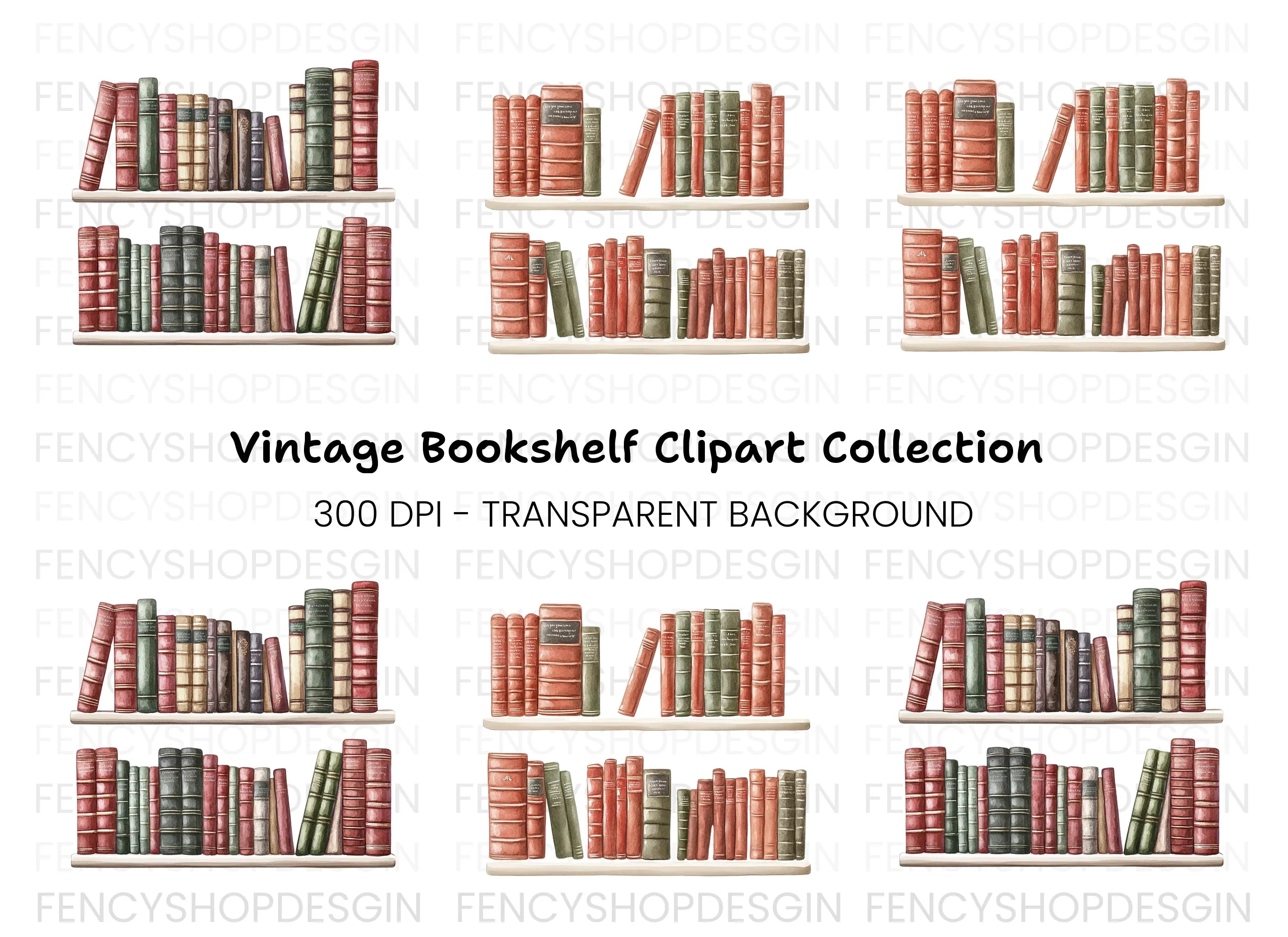 Vintage Bookshelf Clipart Bundle