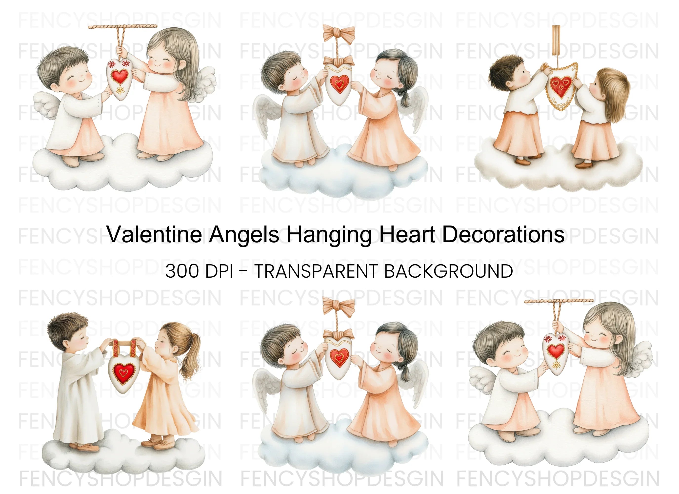 Angels Hanging Hearts Clipart Bundle