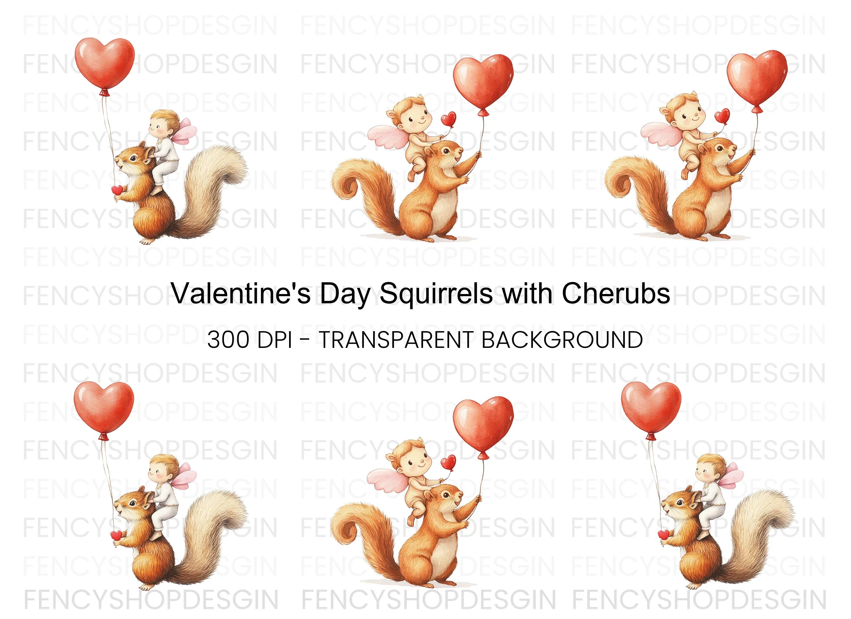 Cupid Squirrels with Heart Balloons Clipart Bundle