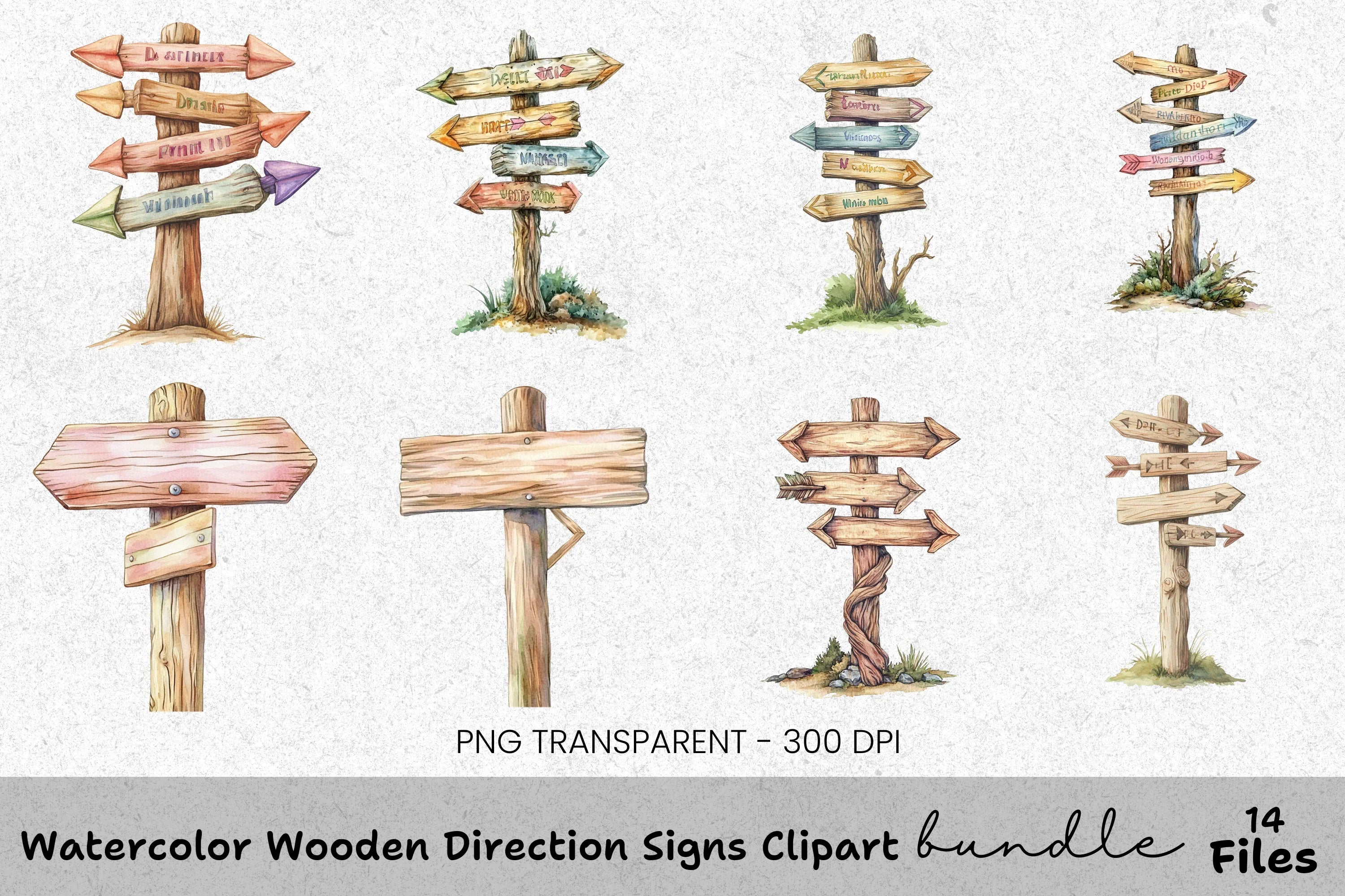 Wooden Direction Signs Clipart Bundle