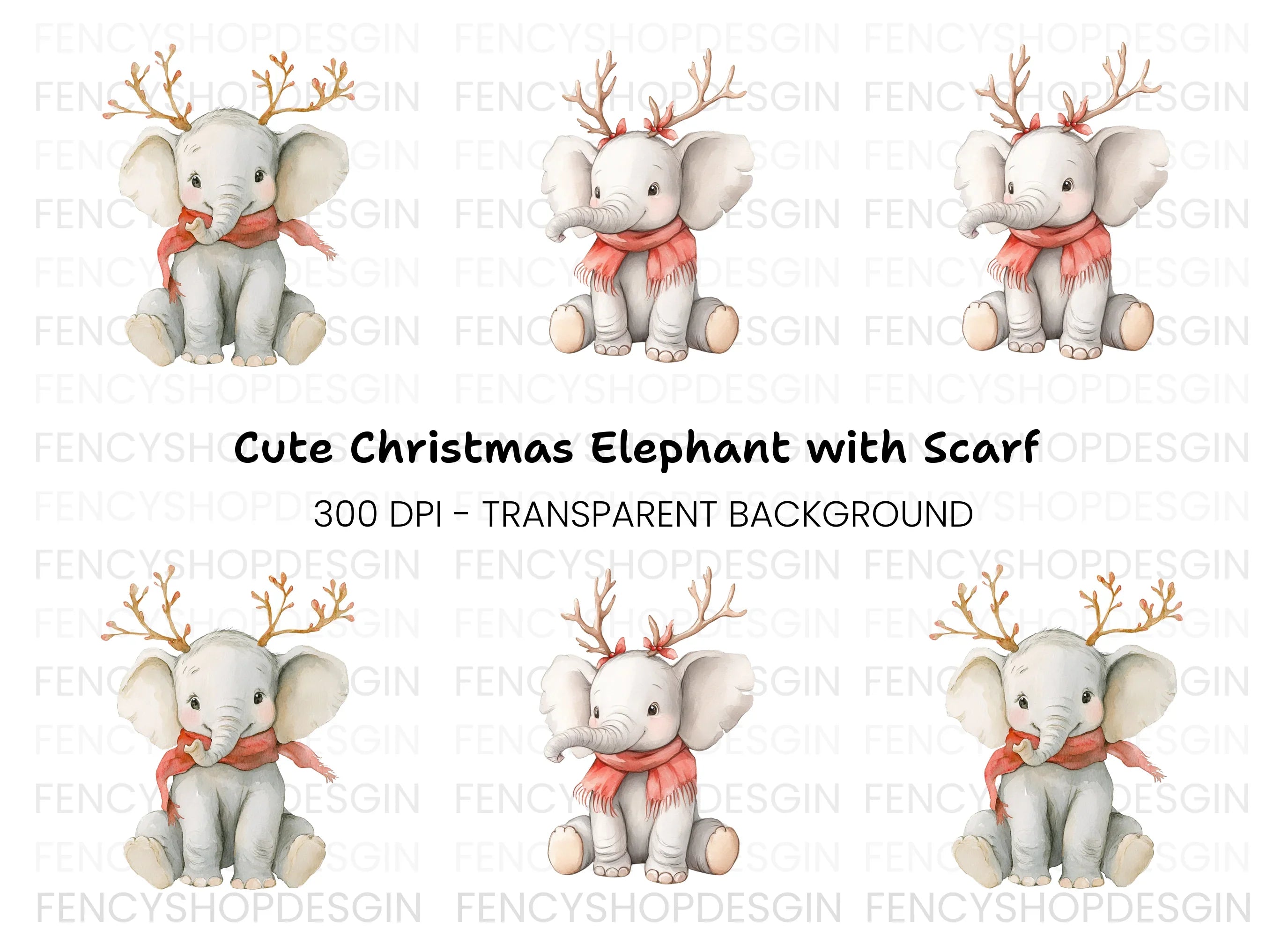 Cute Baby Elephant Christmas Clipart Bundle
