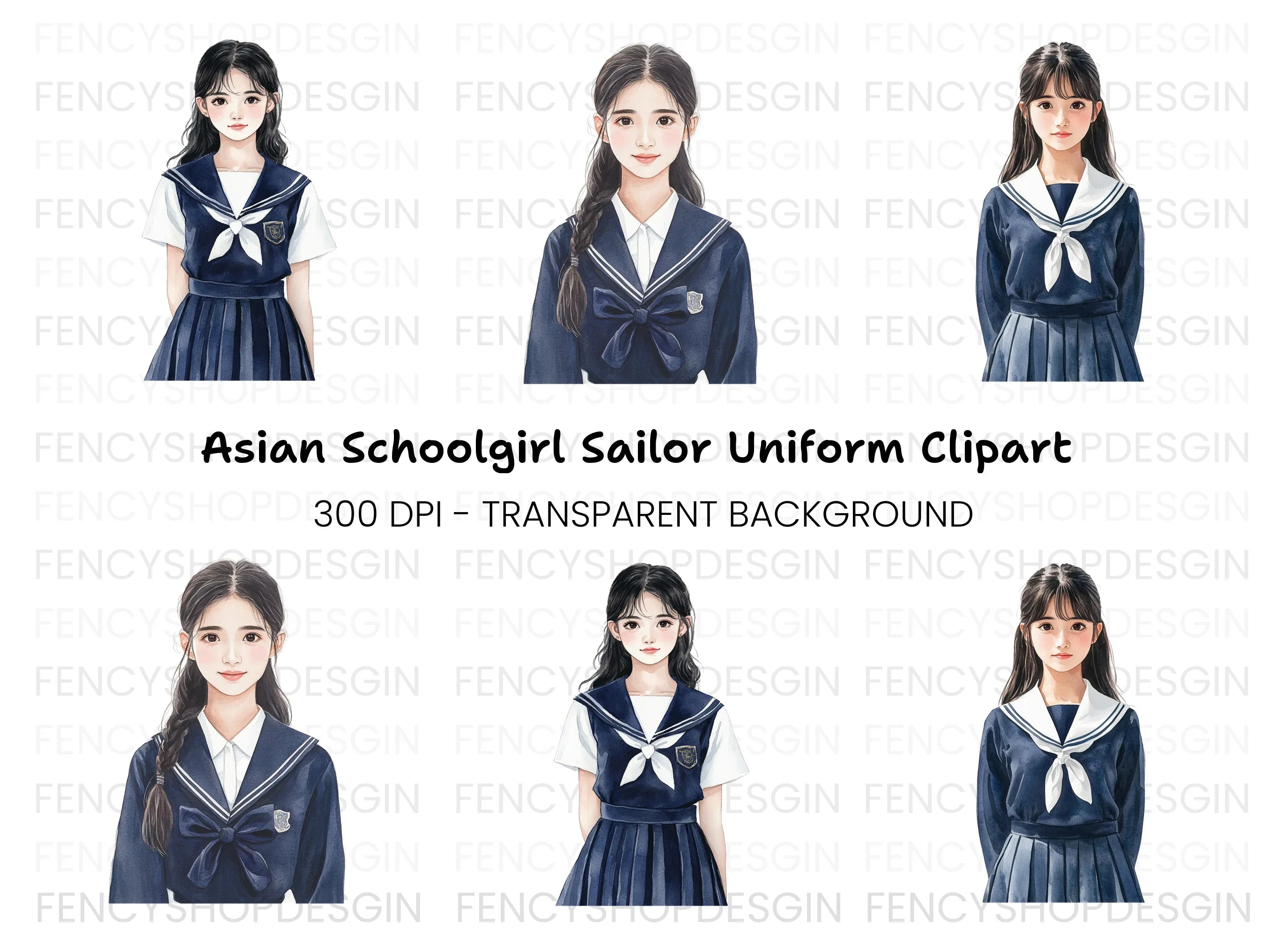 Japanese School Girl Uniform Clipart Bundle