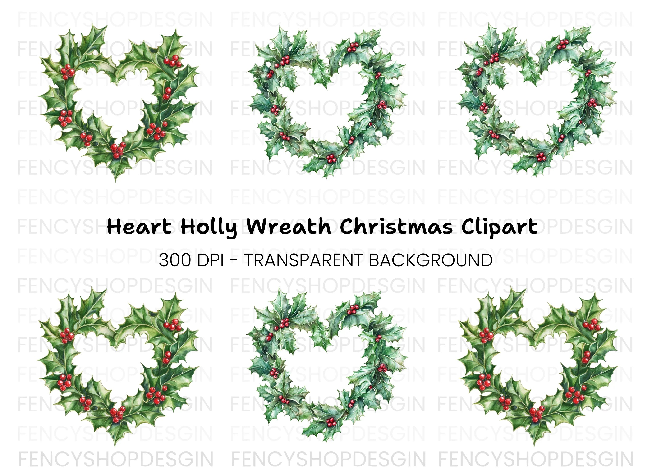 Heart Shaped Holly Wreath Clipart Bundle