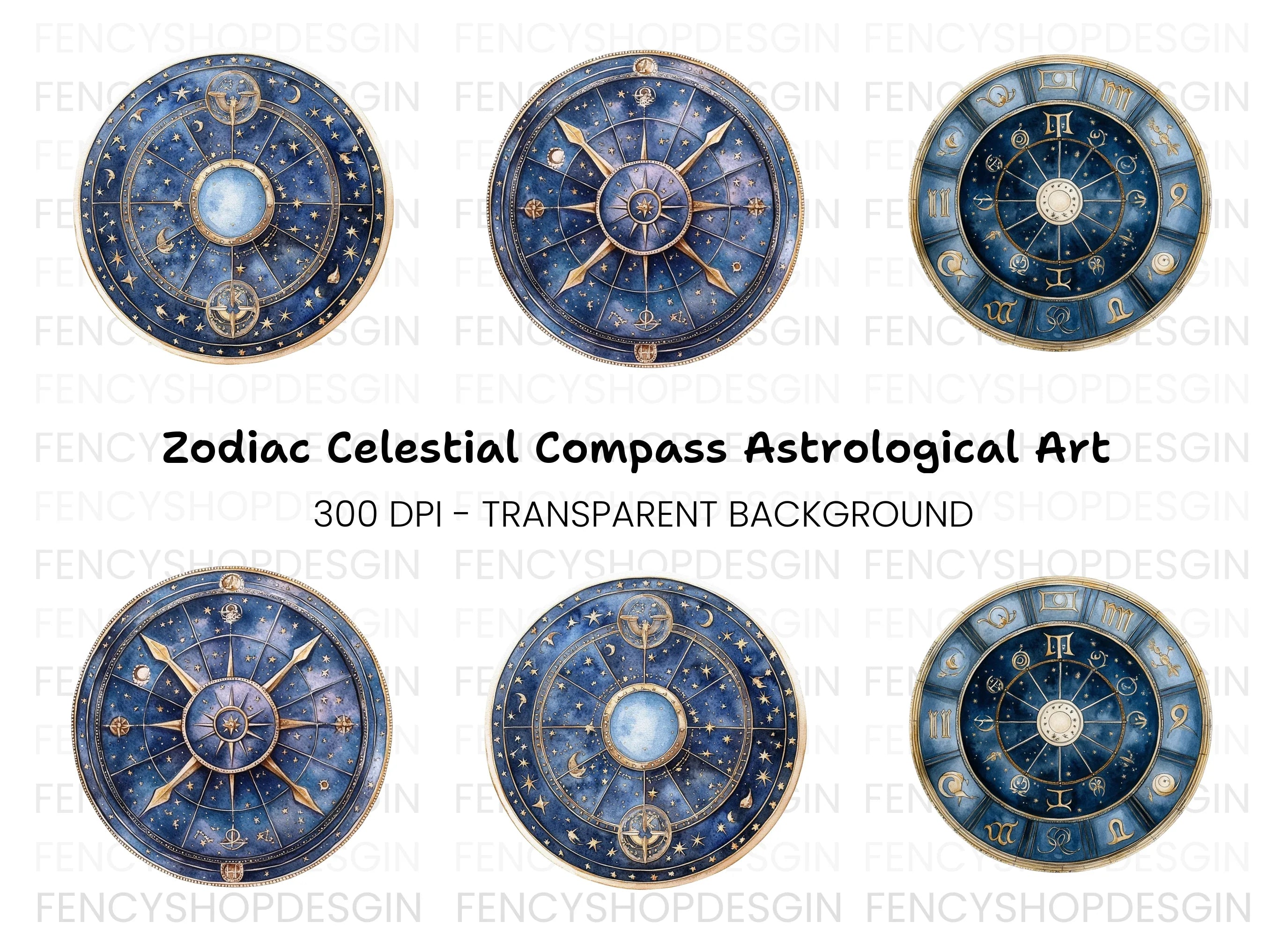 Celestial Zodiac Compass Clipart Bundle