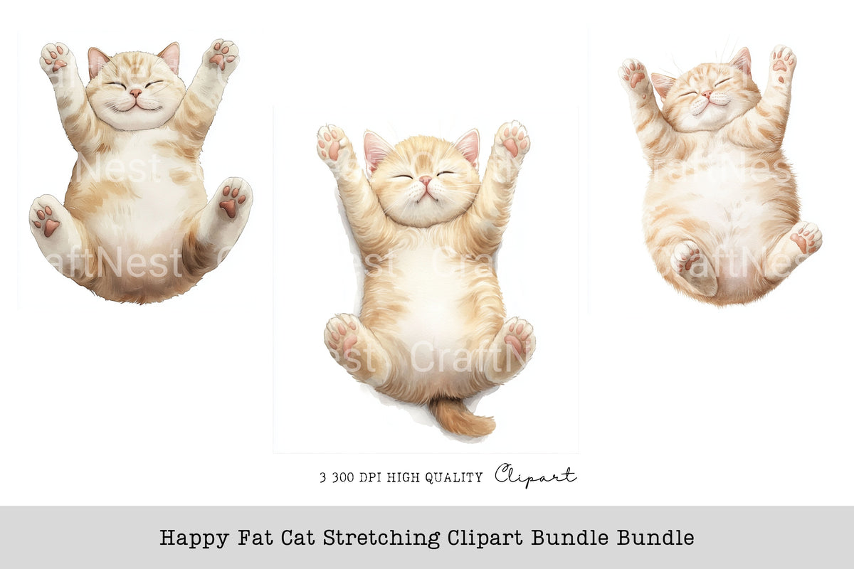Happy Fat Cat Stretching Clipart Bundle