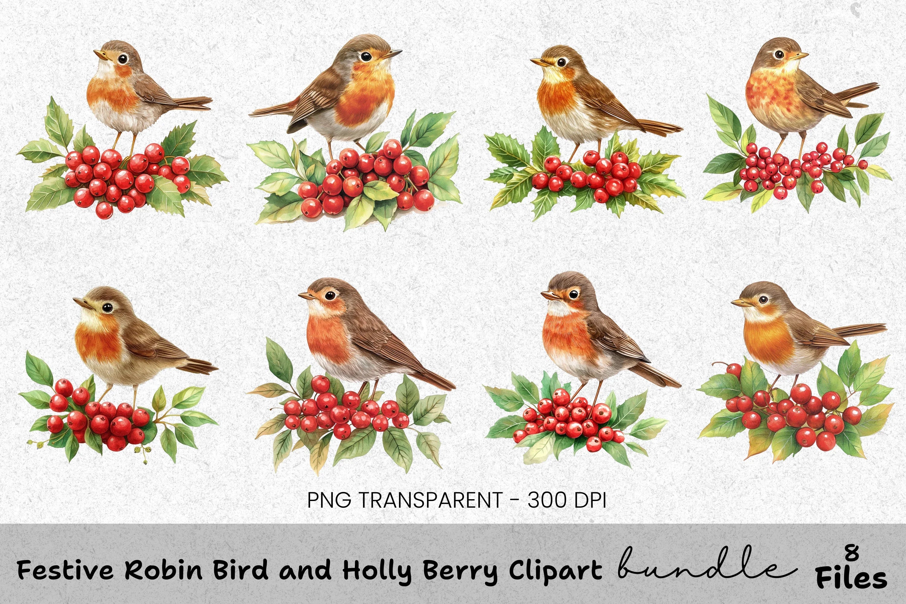Festive Robin Bird and Holly Berry Clipart Bundle