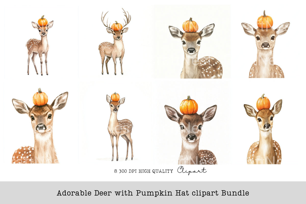 Adorable Deer With Pumpkin Hat Clipart Bundle