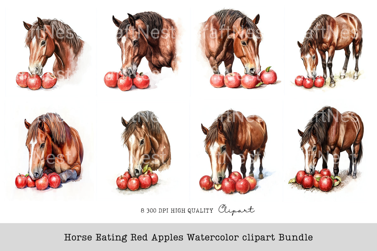 Horse Eating Red Apples Clipart Bundle