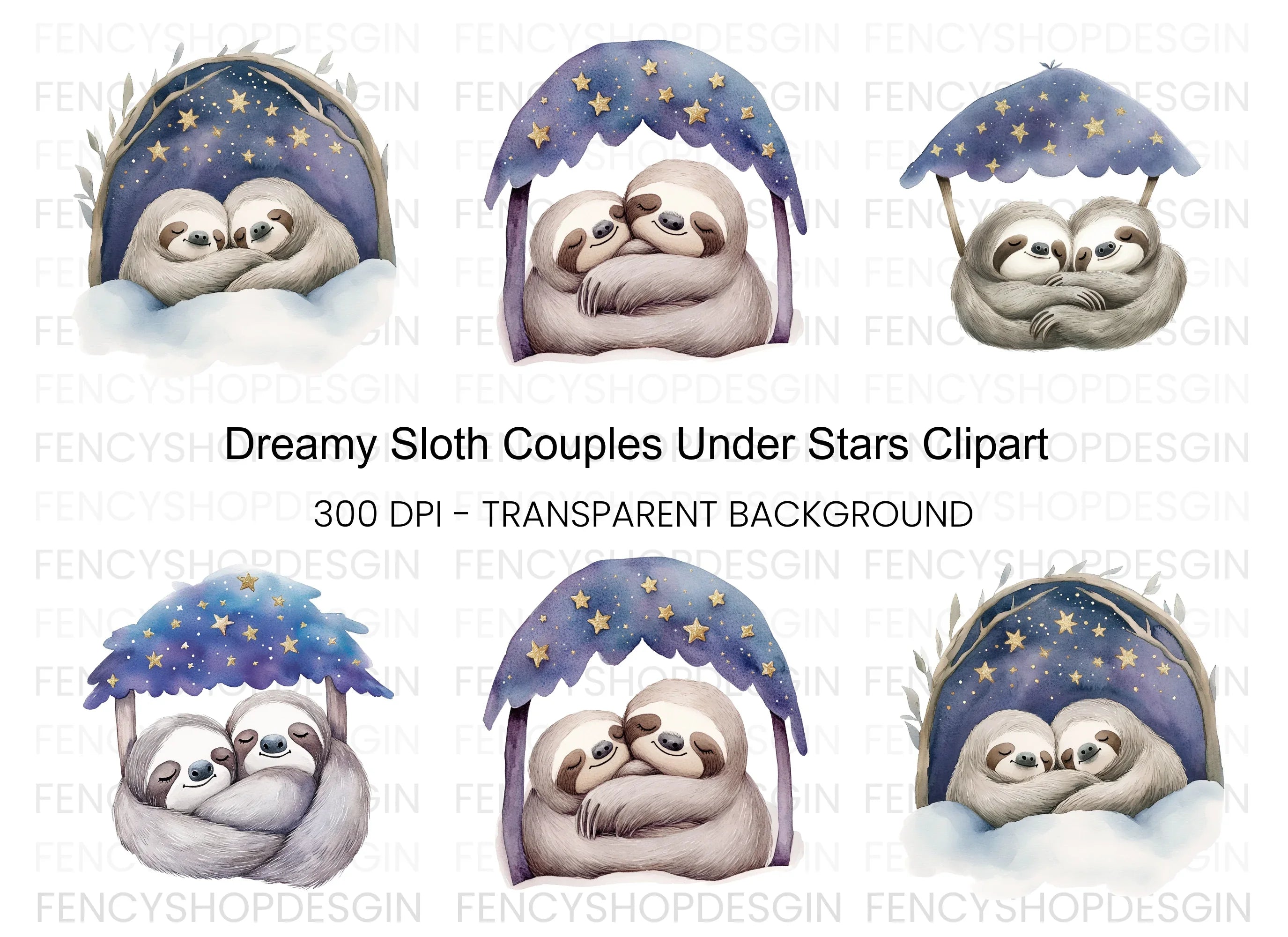 Dreamy Sloth Couple Clipart Bundle