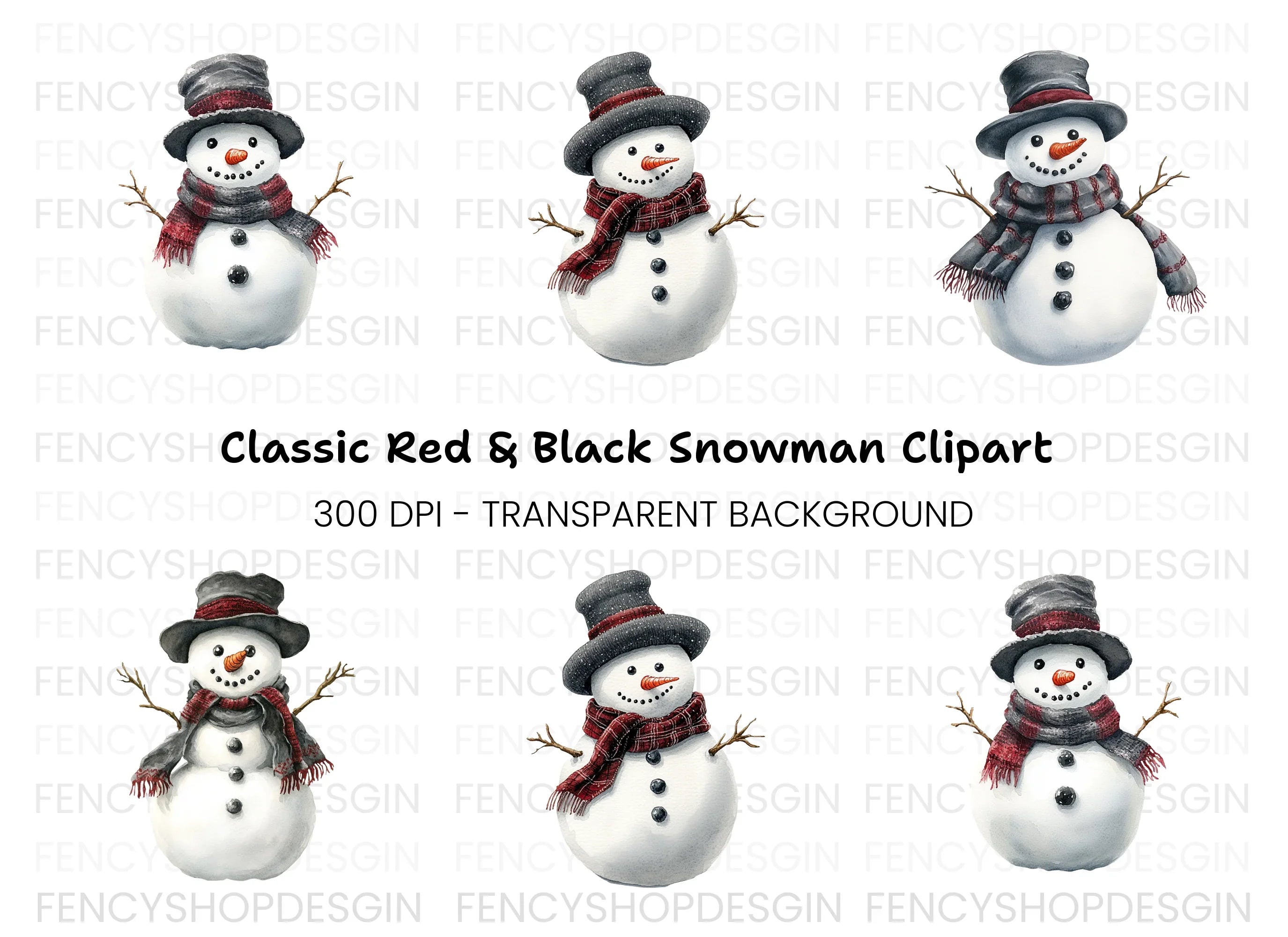 Festive Snowmen with Plaid Accessories Clipart Bundle