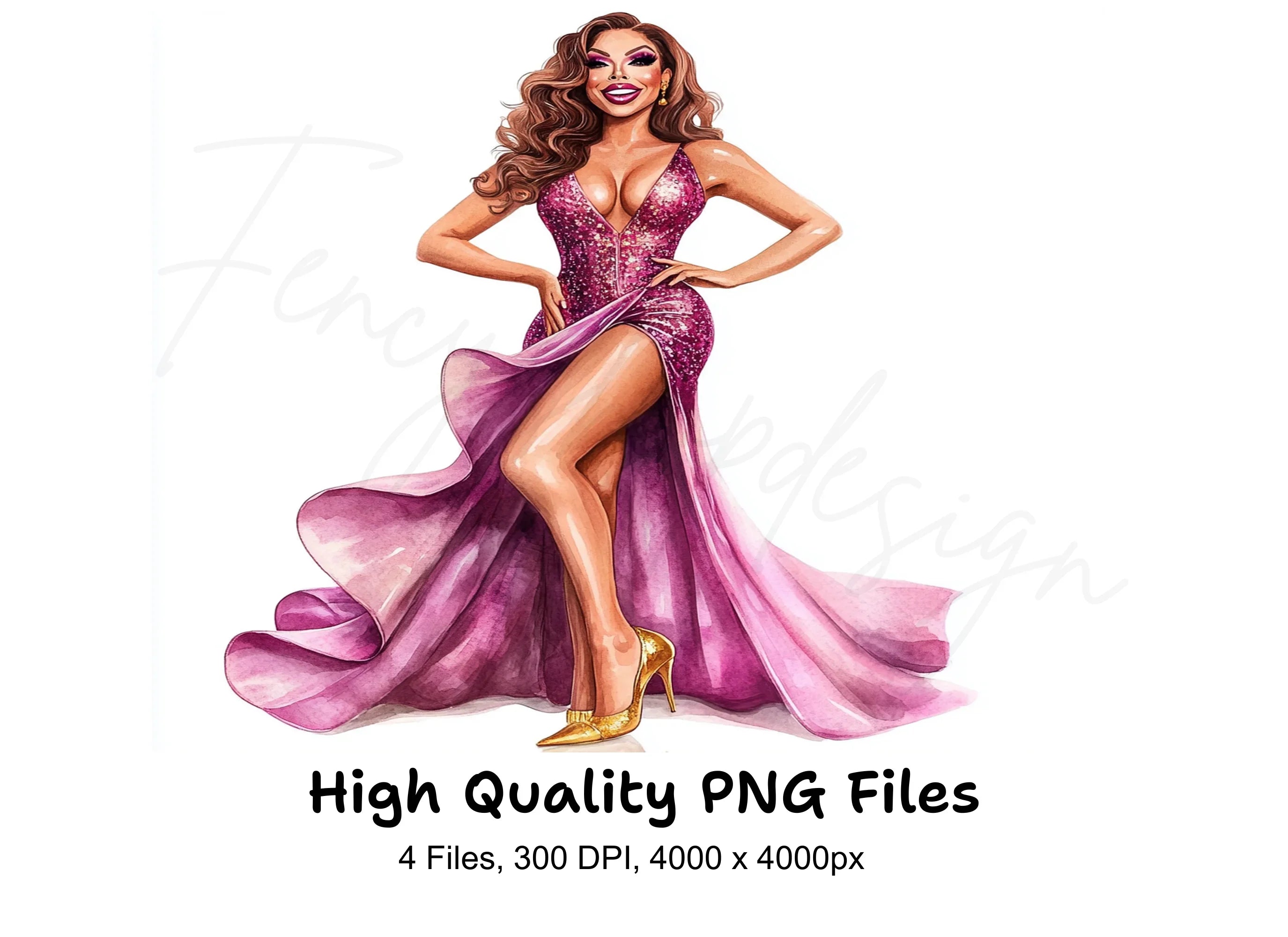Glamorous Diva in Pink Gown Clipart Bundle