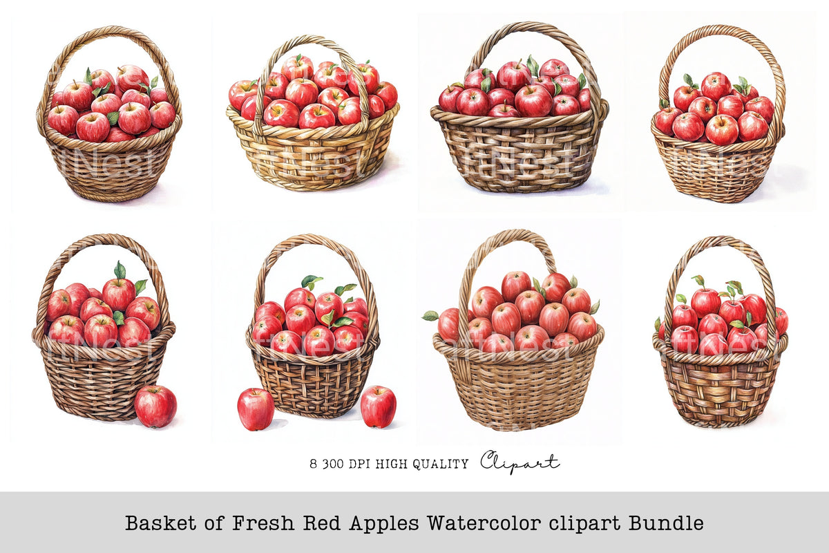 Basket Of Fresh Red Apples Clipart Bundle
