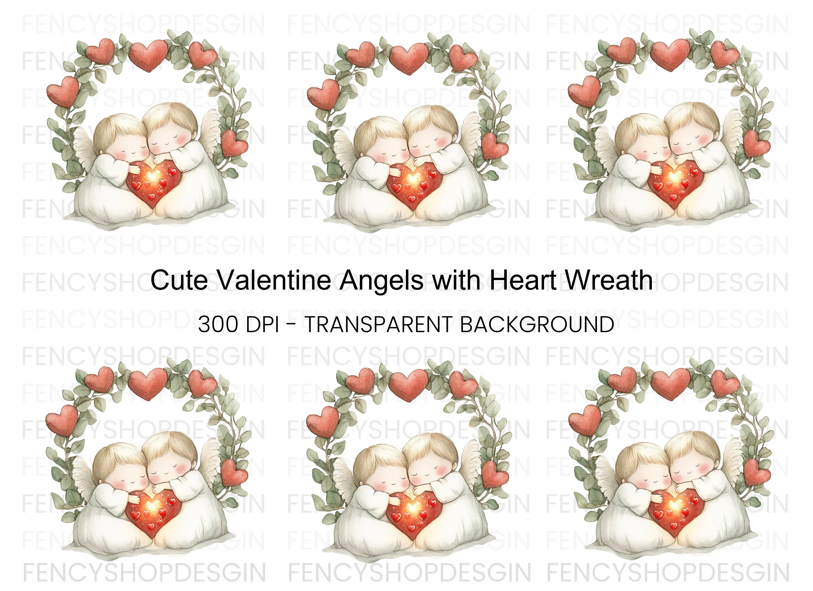 Cute Angel Couple with Heart Wreath Clipart Bundle