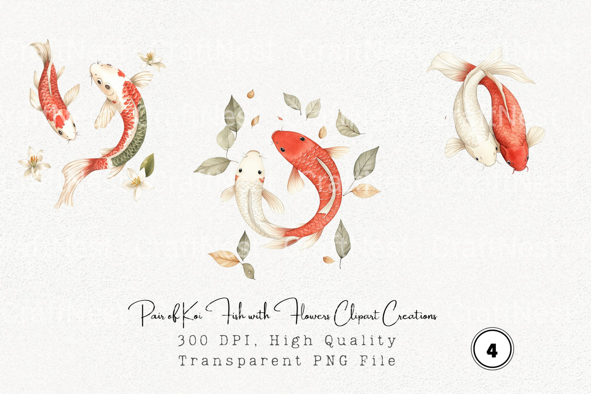 Pair Of Koi Fish With Flowers Creations Clipart Bundle