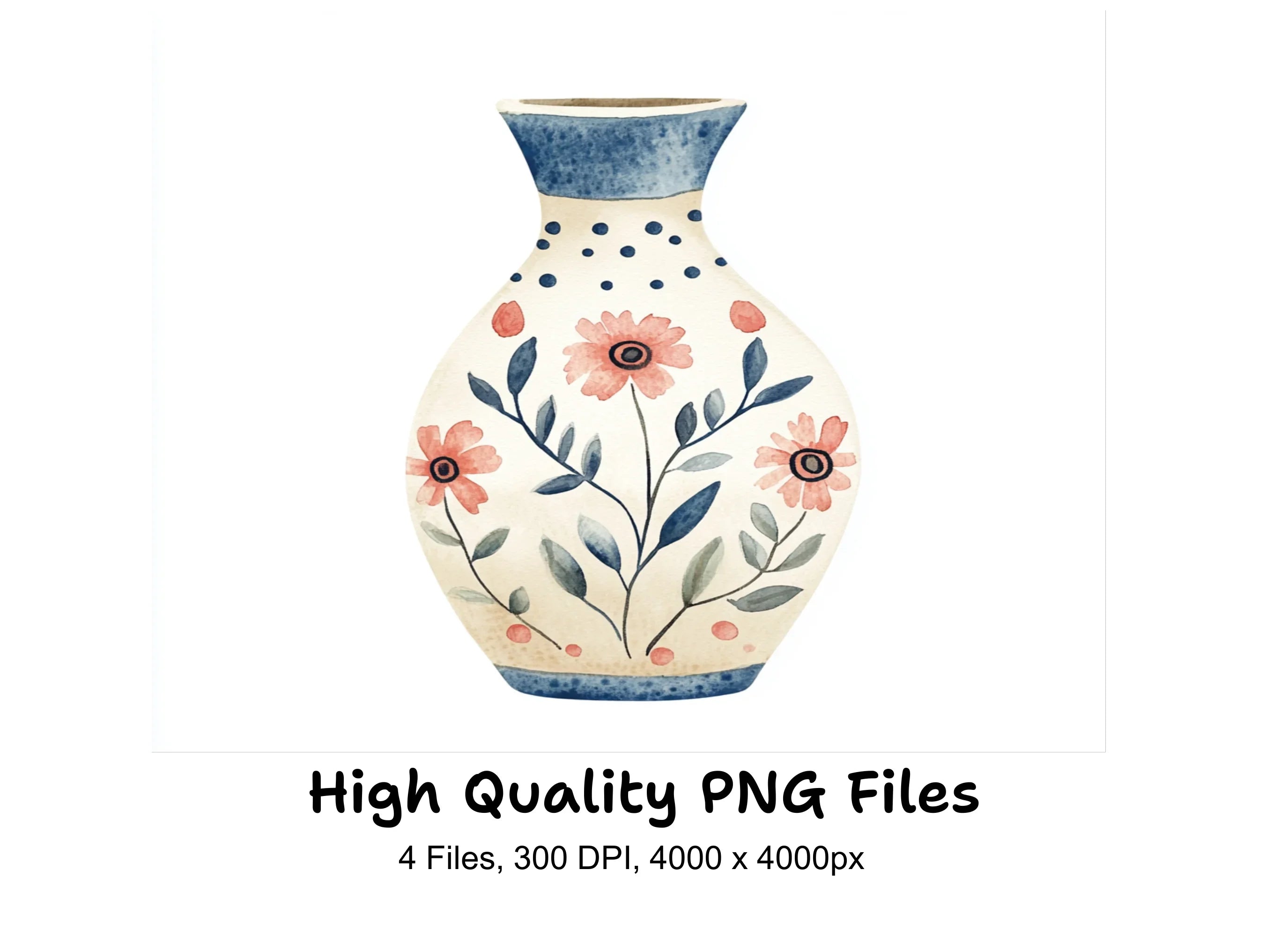 Elegant Blue Pink Floral Vase Clipart Bundle