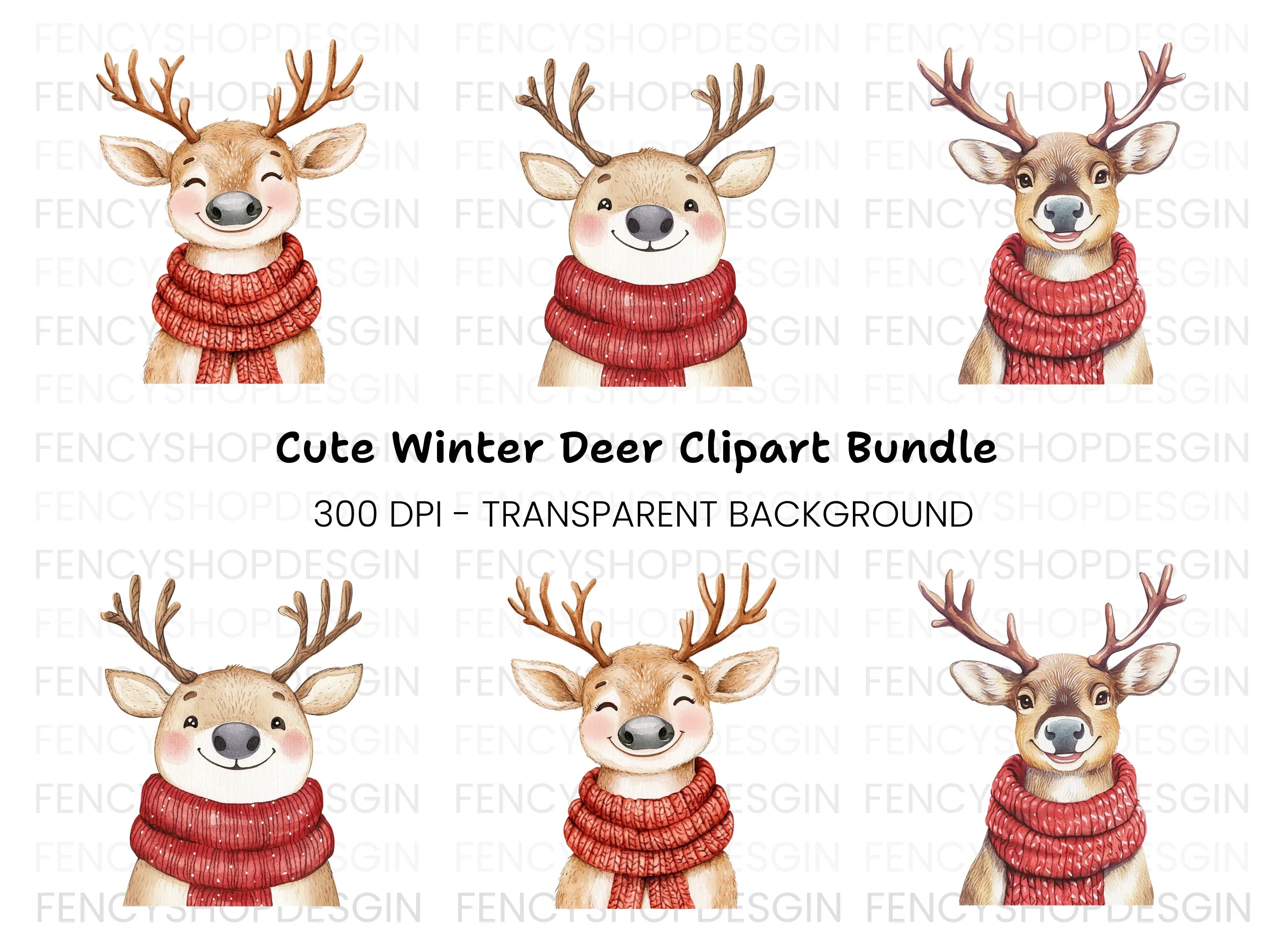 Smiling Reindeer with Red Scarf Clipart Bundle
