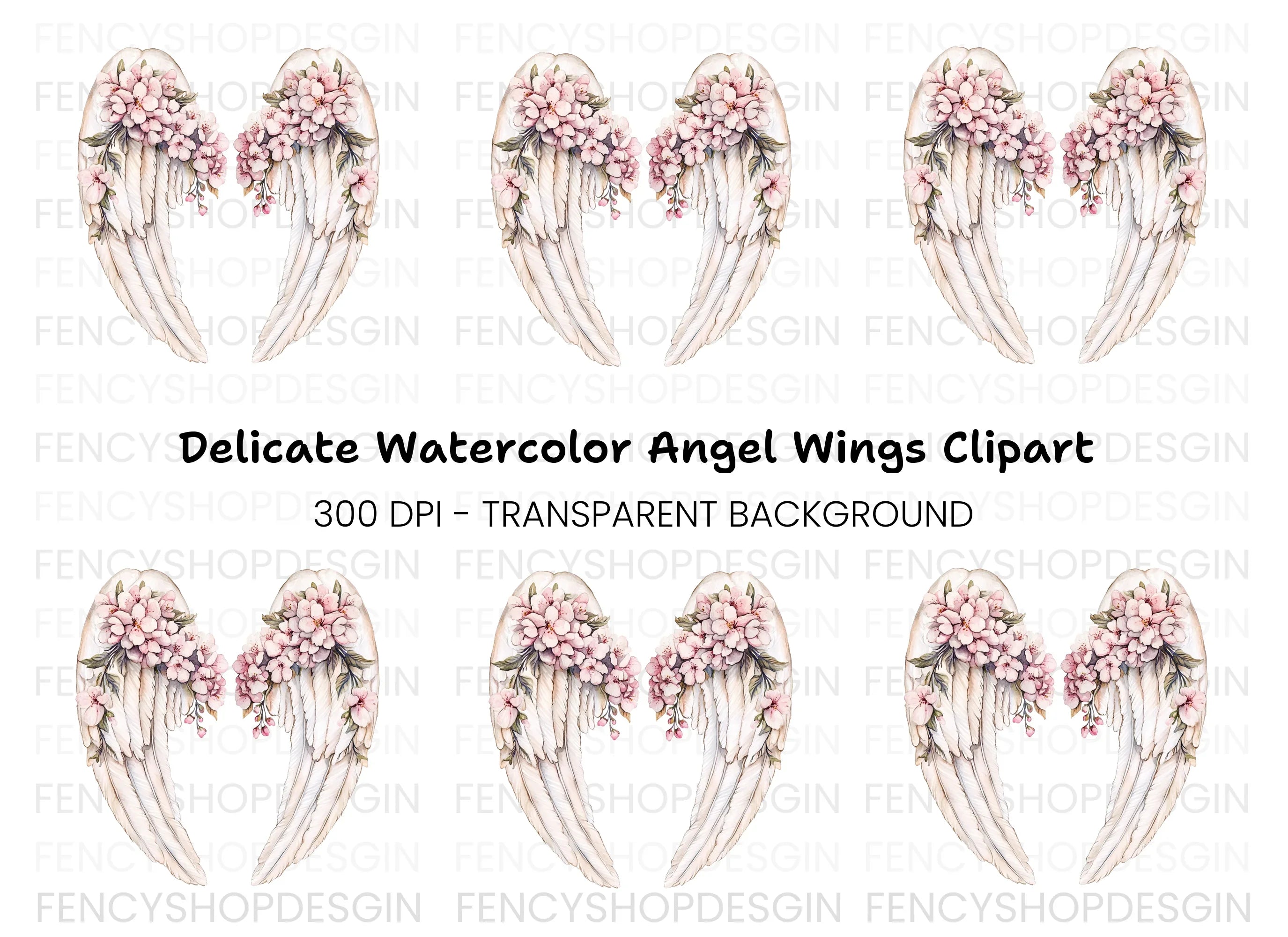 Elegant Angel Wings with Cherry Blossoms Clipart Bundle