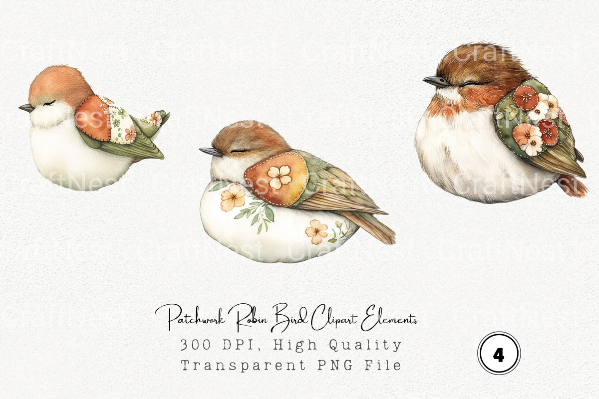 Patchwork Robin Bird Elements Clipart Bundle