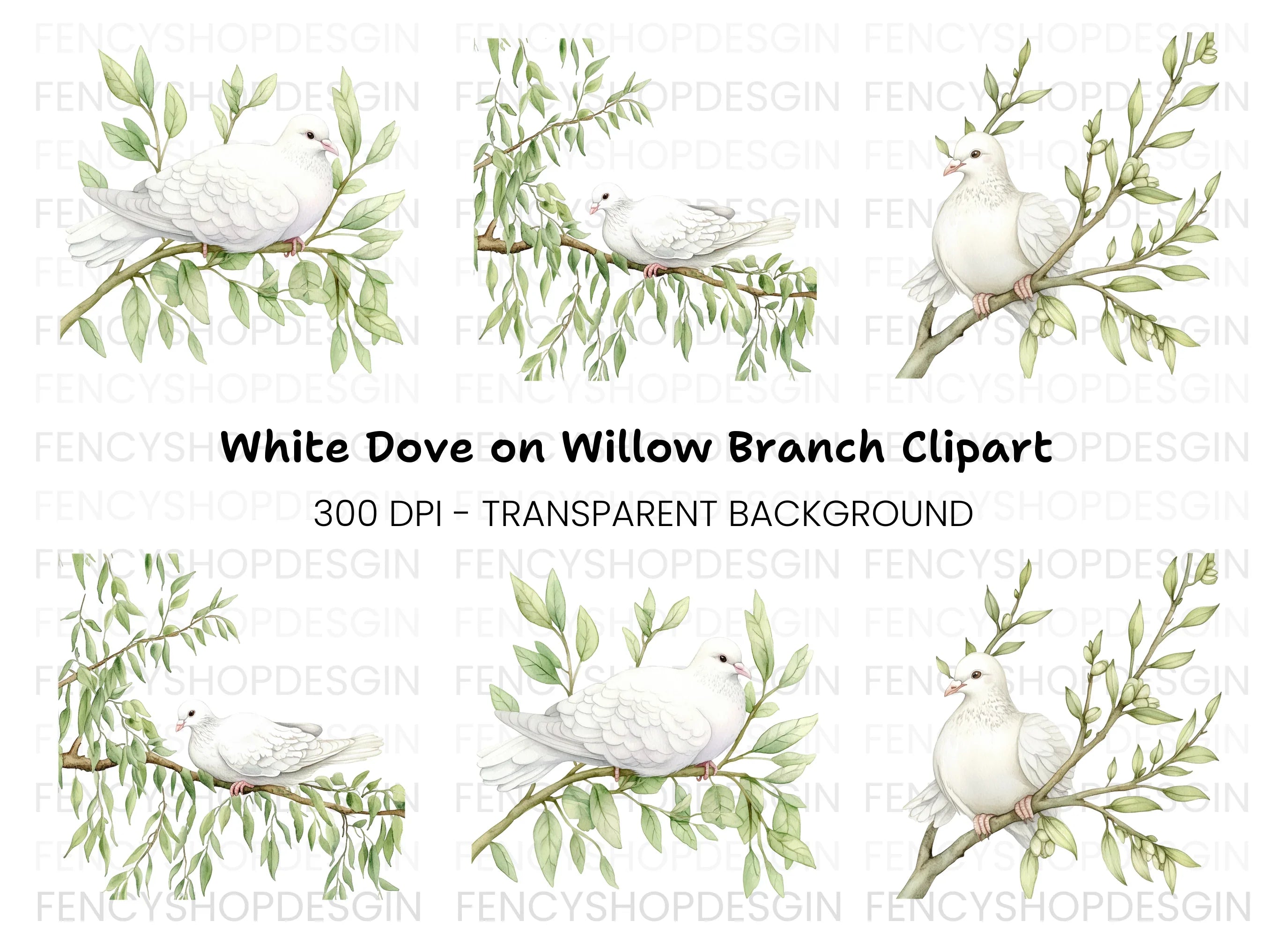 White Doves on Branches Clipart Bundle