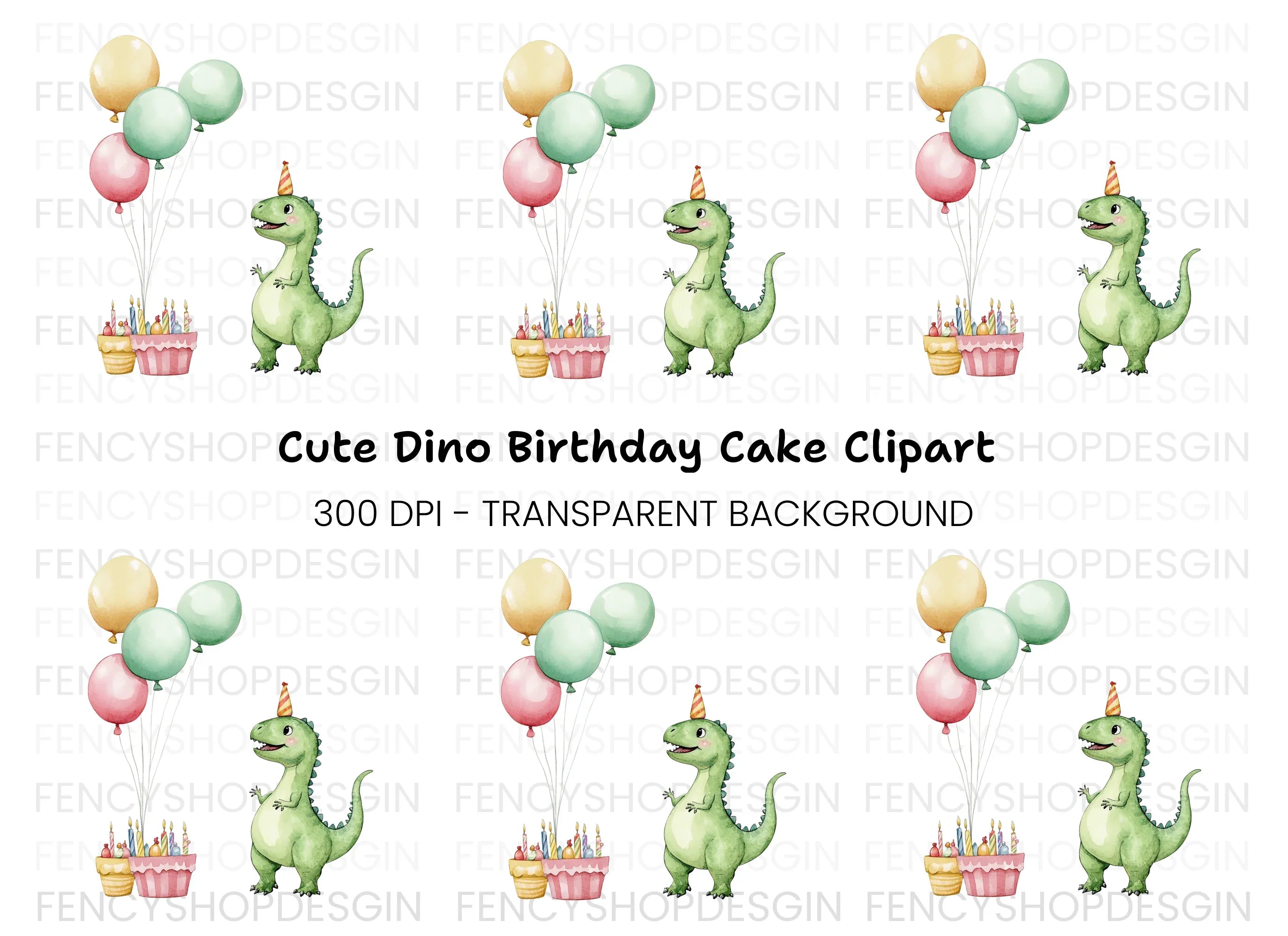 Dinosaur Birthday Cake Balloons Clipart Bundle