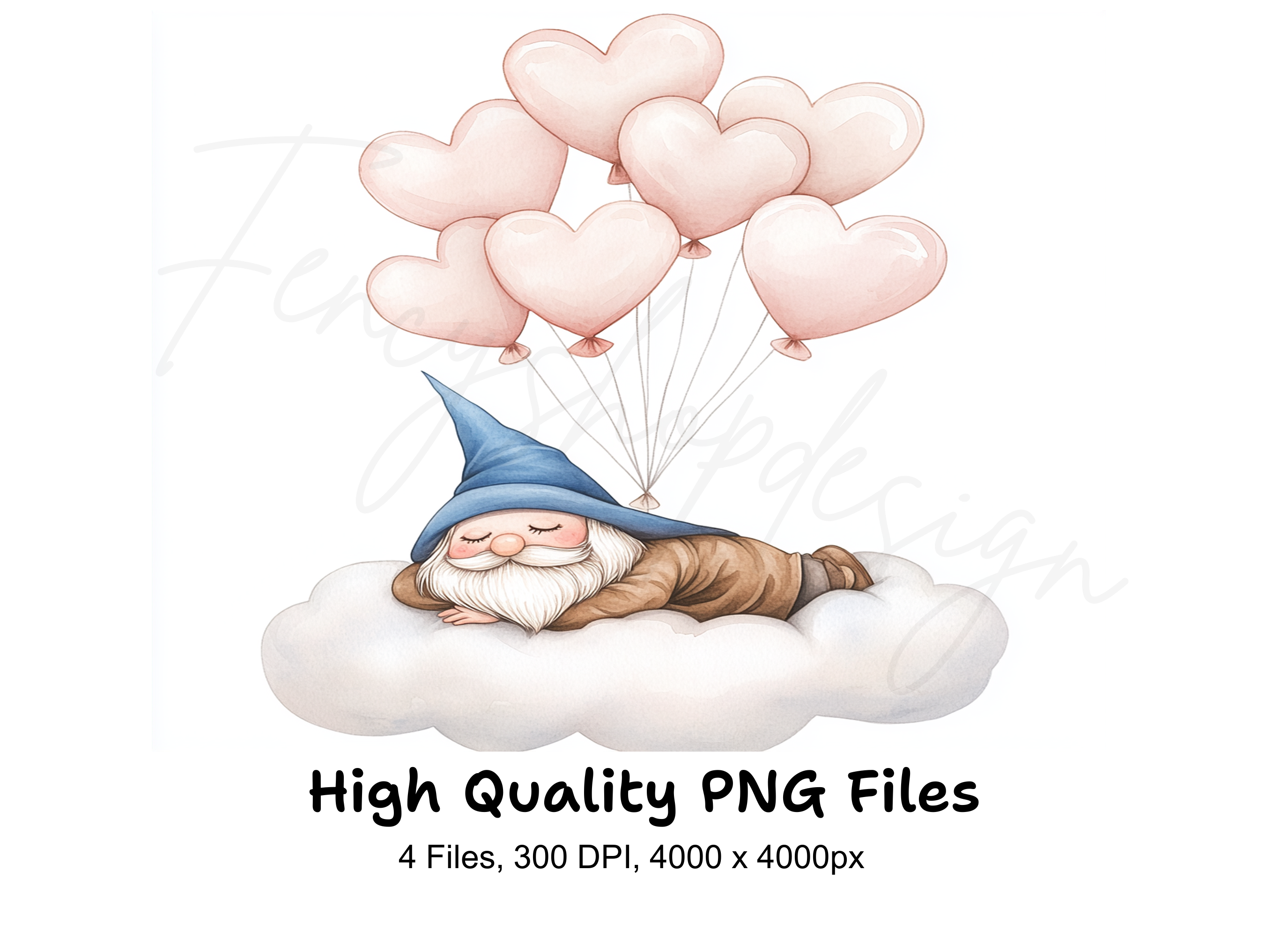 Sleeping Gnome on Cloud with Balloons Clipart Bundle