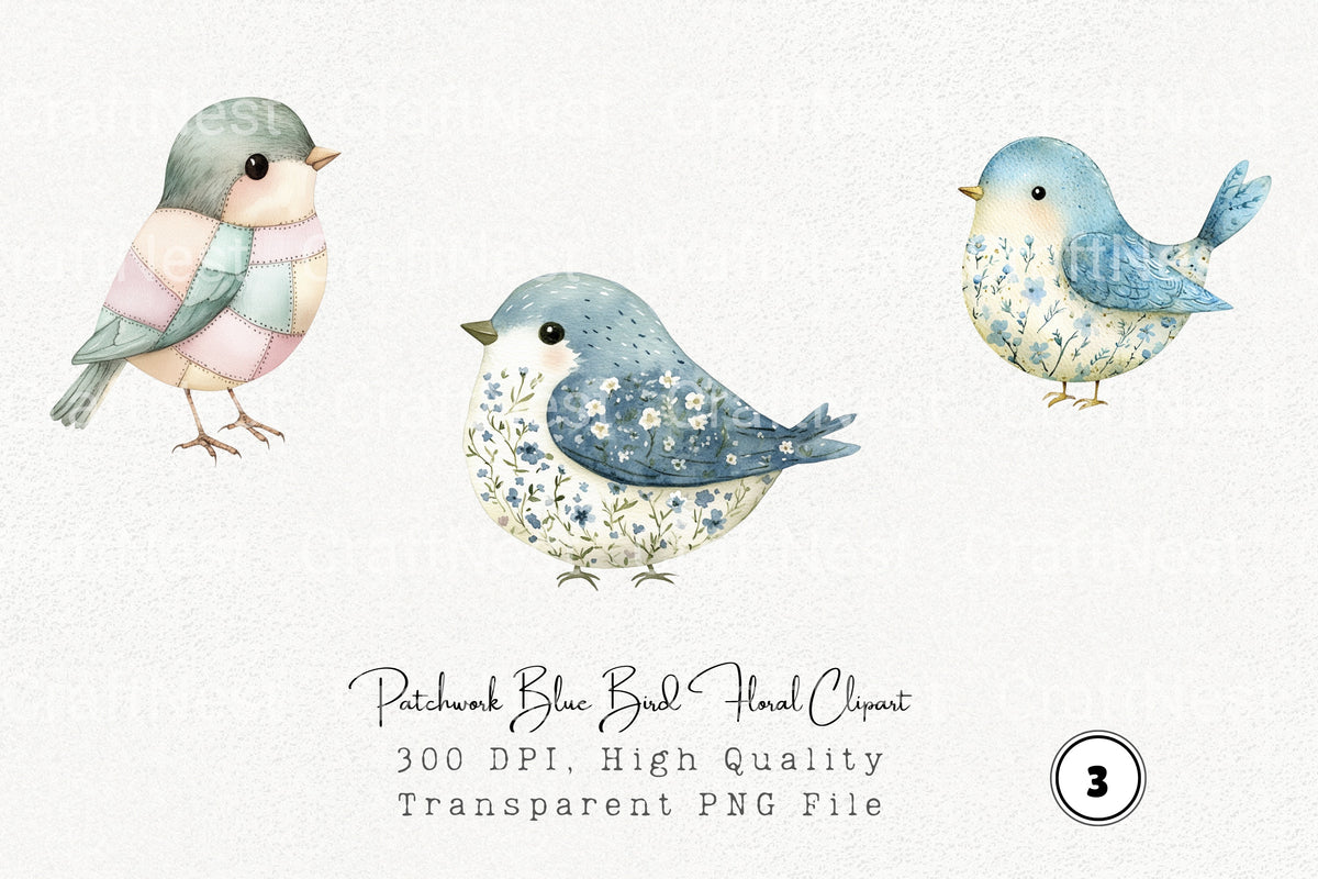 Patchwork Blue Bird Floral Clipart Bundle