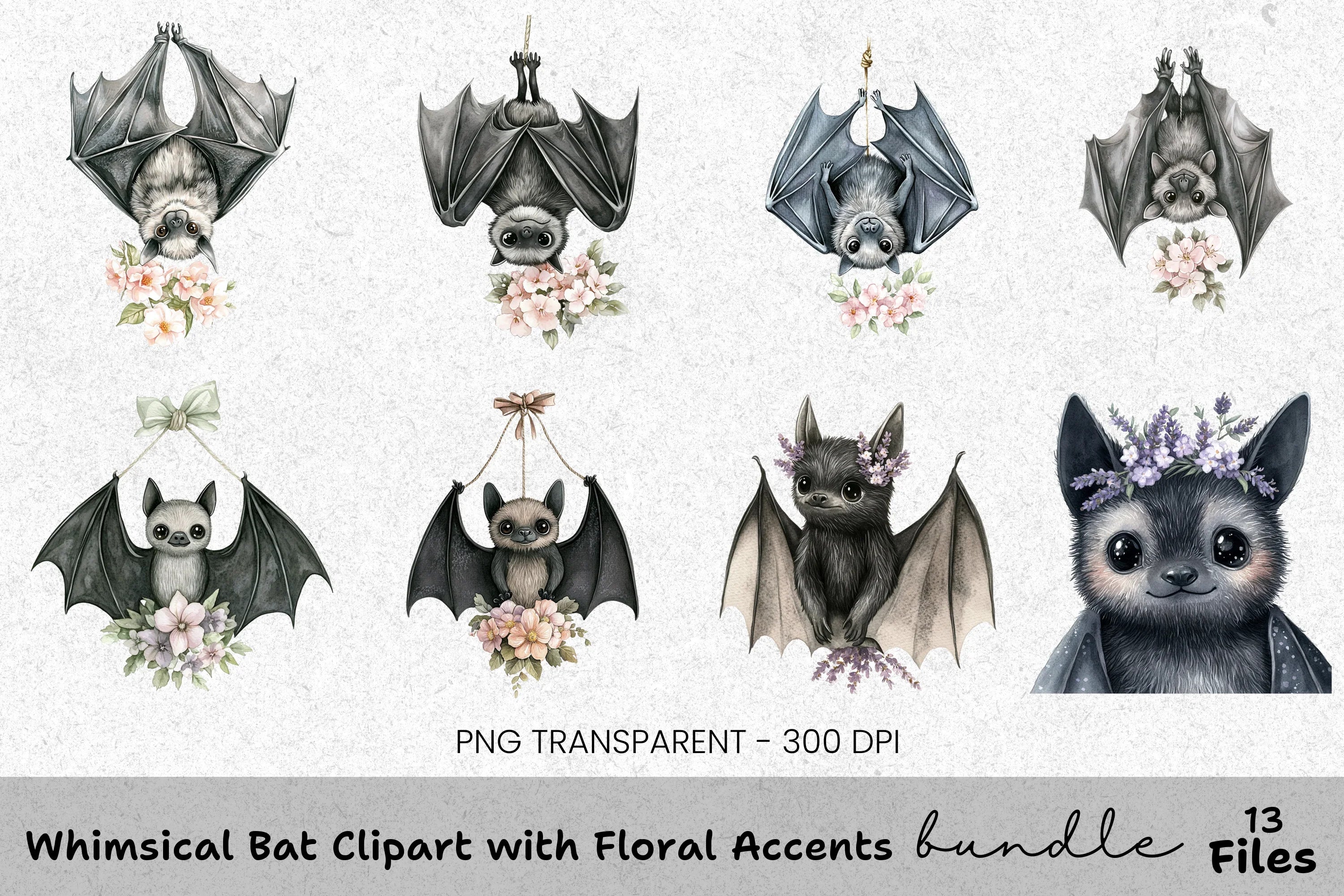 Whimsical Bat Floral Accents Clipart Bundle