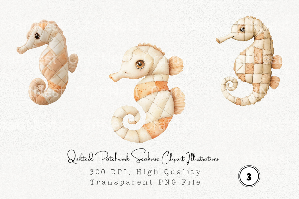 Quilted Patchwork Seahorse Illustrations Clipart Bundle